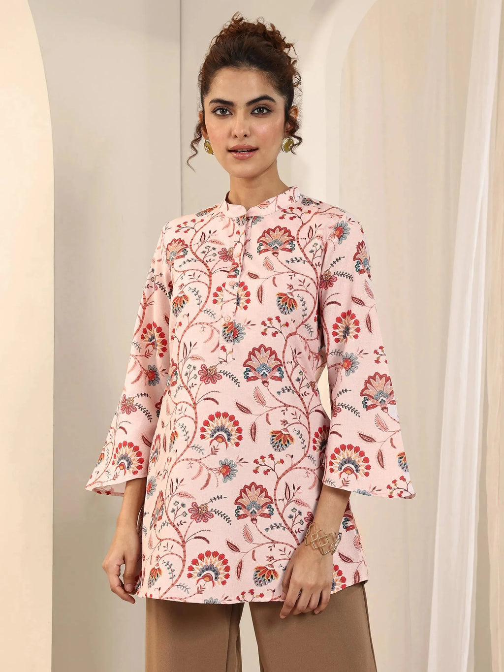 Peach Printed Silk Blend Straight Short Kurti