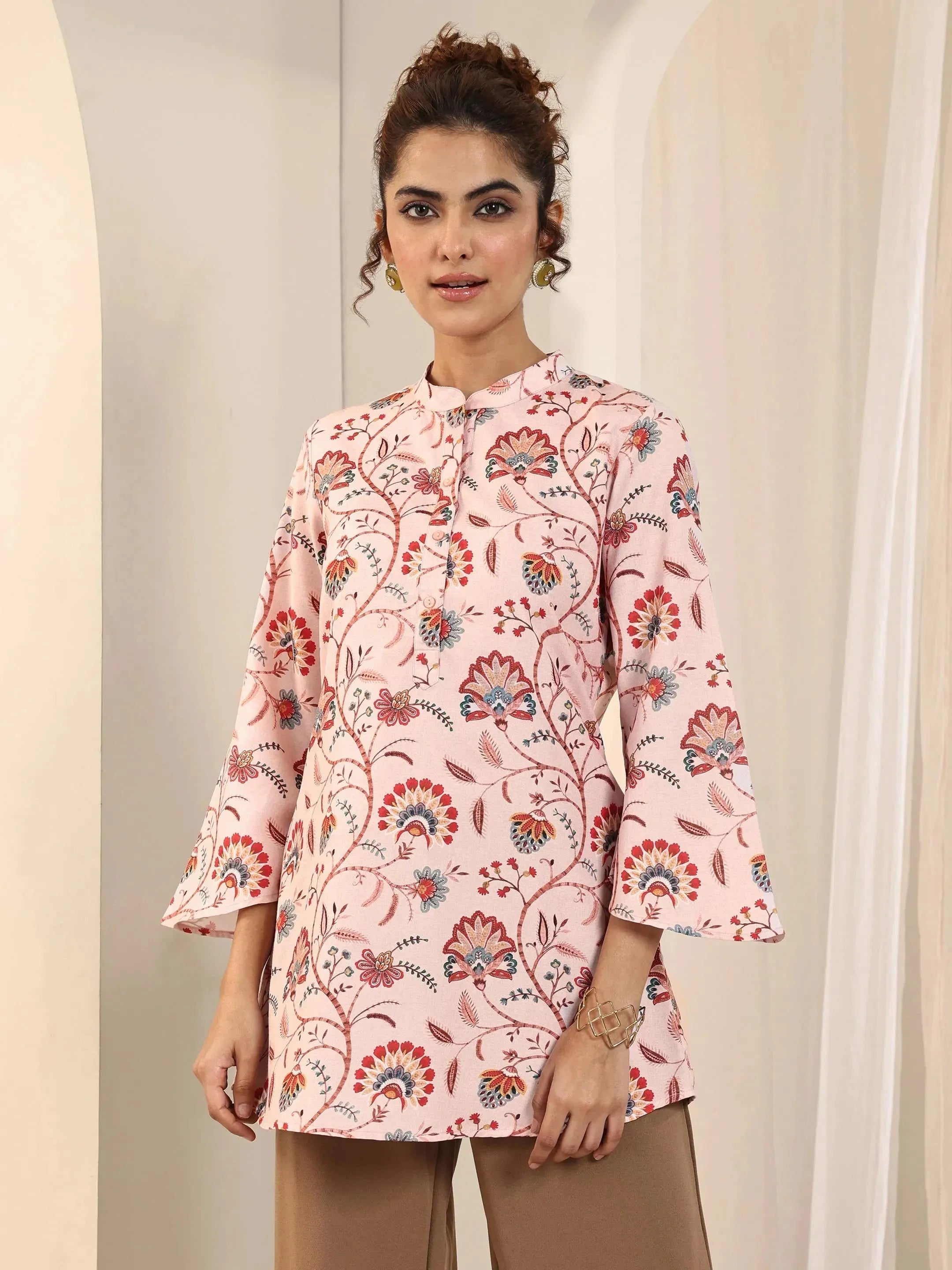 Peach Printed Silk Blend Straight Short Kurti