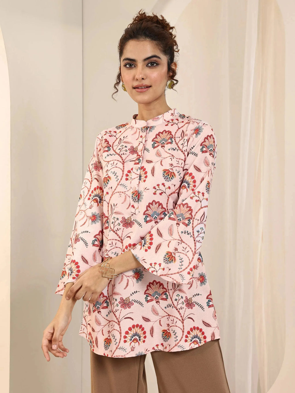 Peach Printed Silk Blend Straight Short Kurti