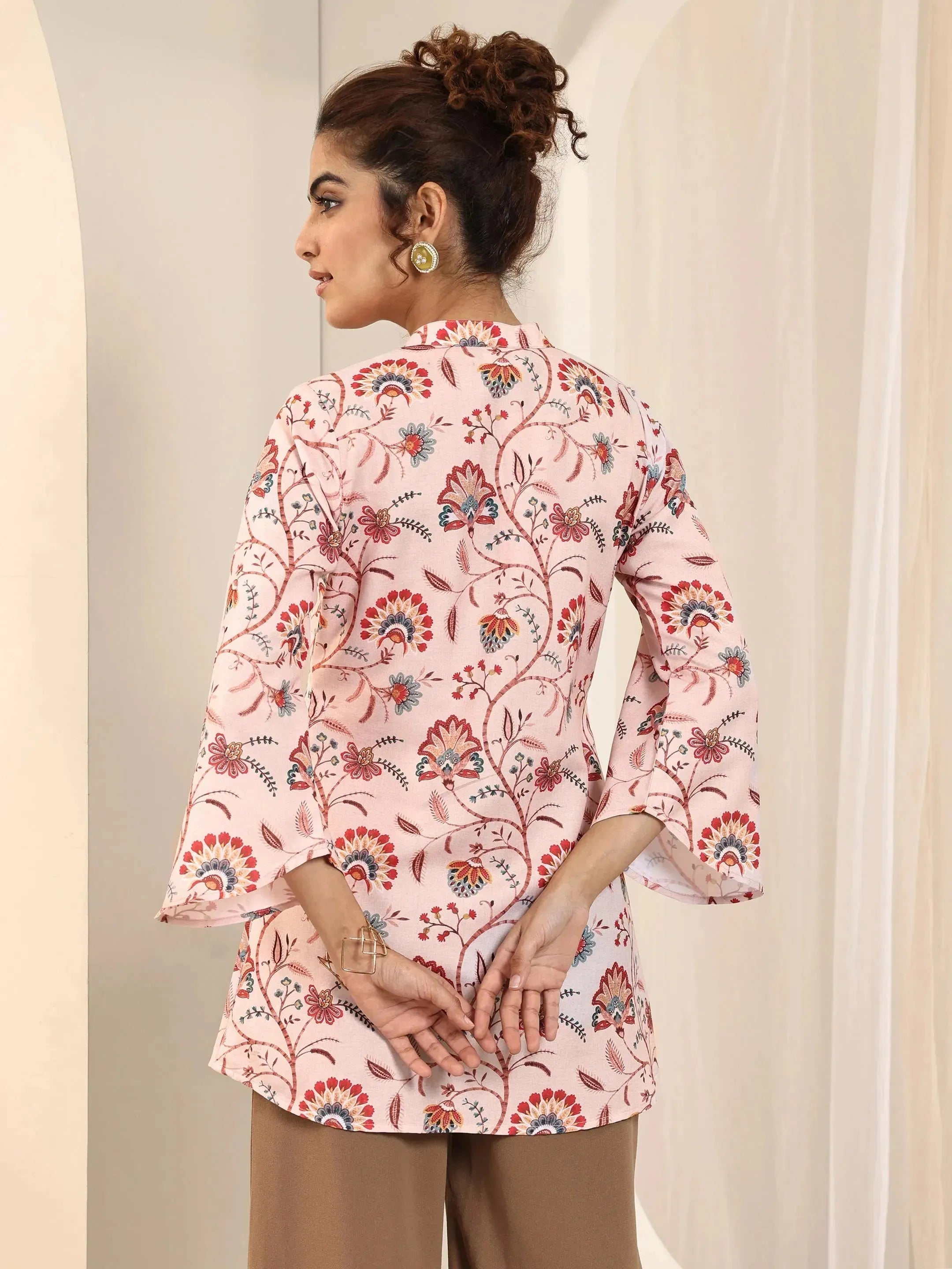 Peach Printed Silk Blend Straight Short Kurti