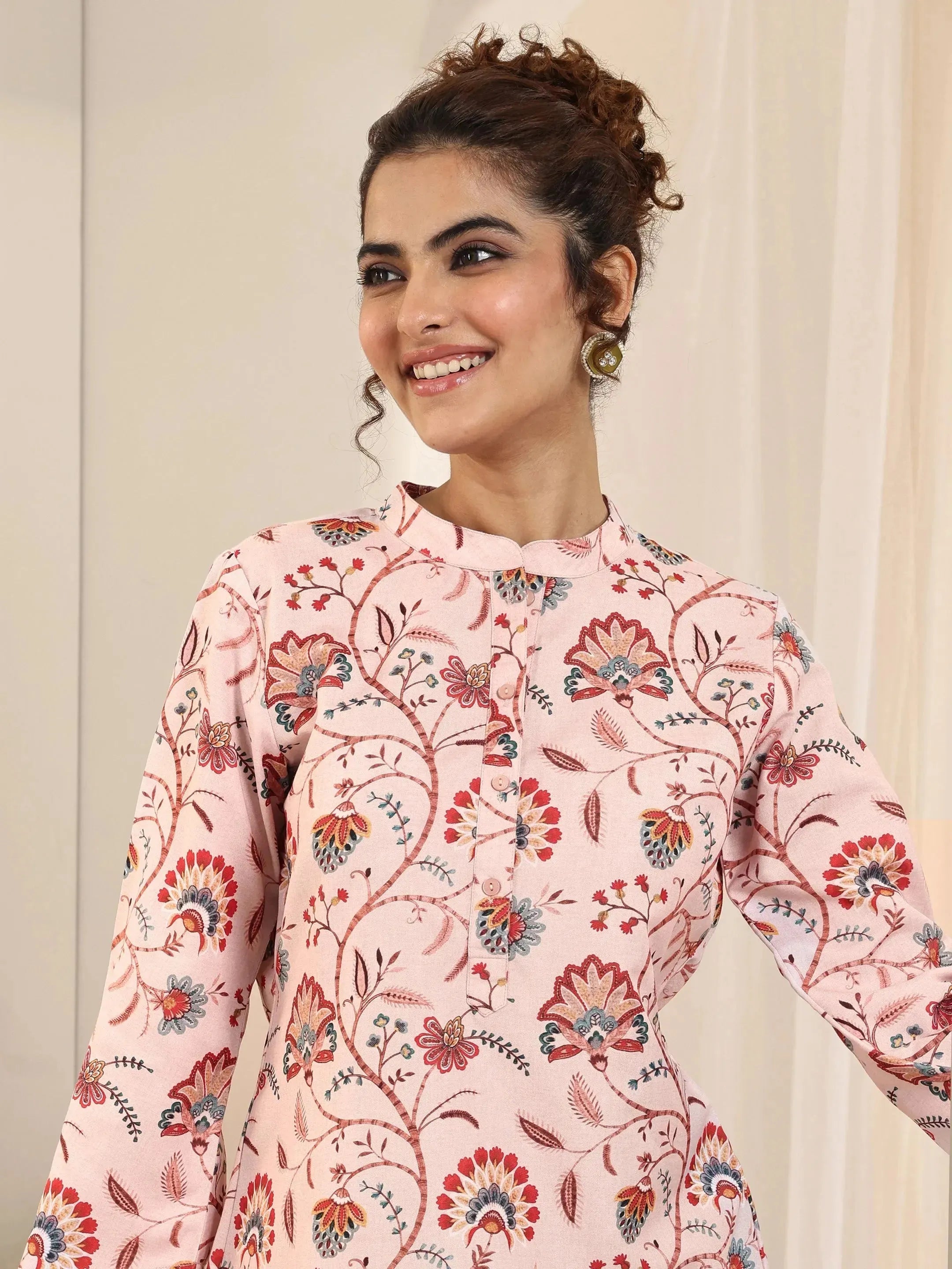 Peach Printed Silk Blend Straight Short Kurti