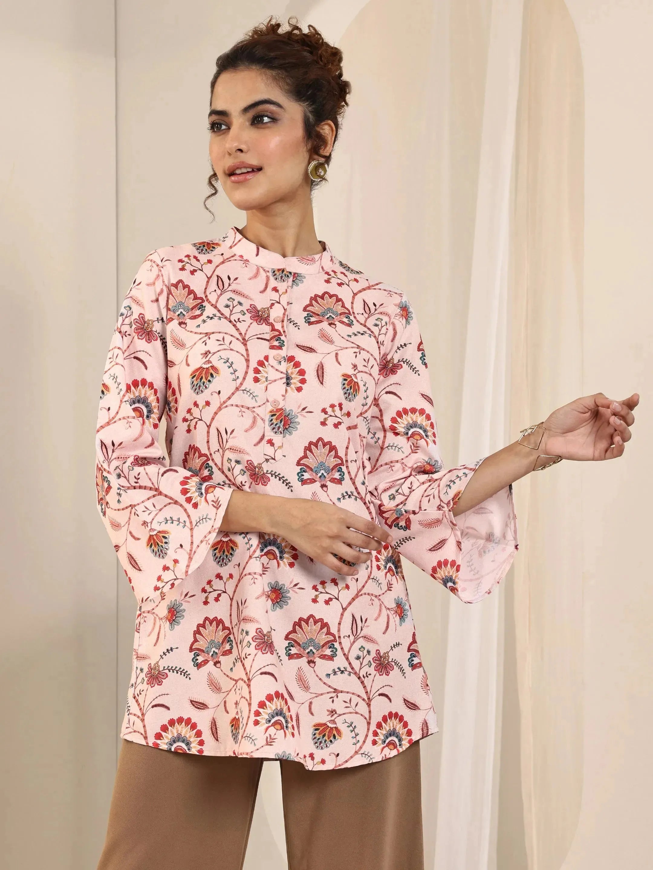 Peach Printed Silk Blend Straight Short Kurti