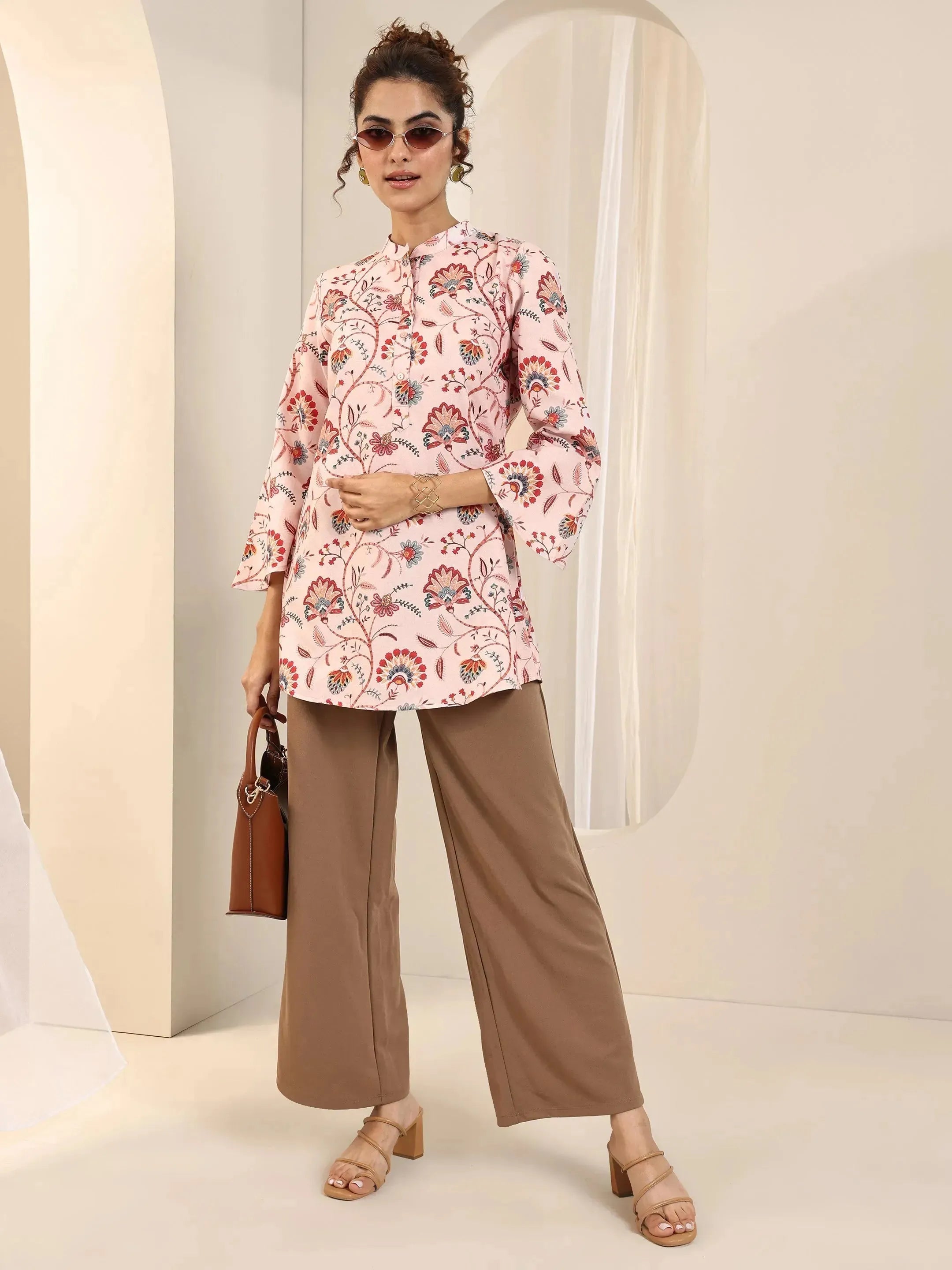 Peach Printed Silk Blend Straight Short Kurti