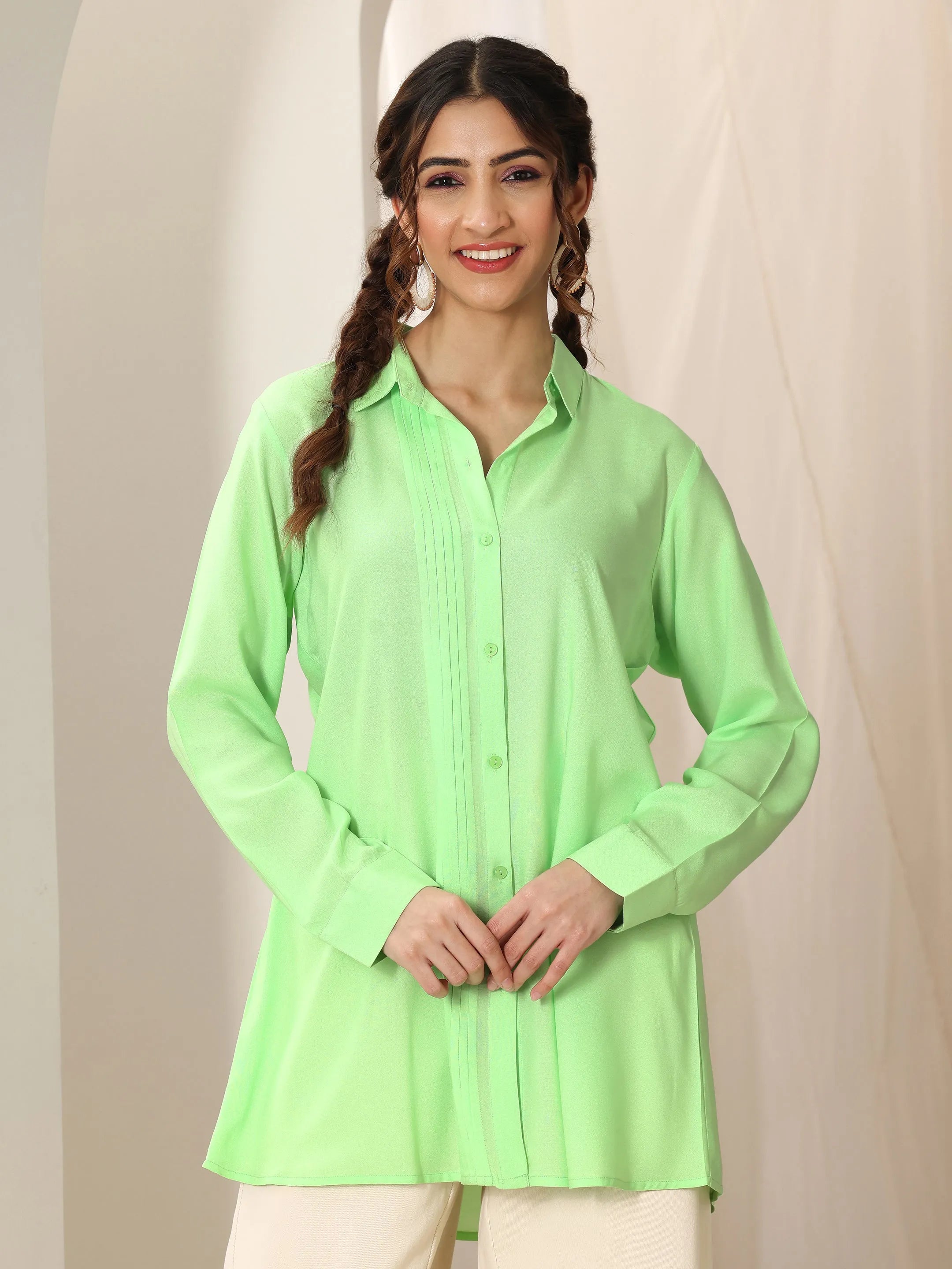 Green Solid Rayon Straight Short Kurti