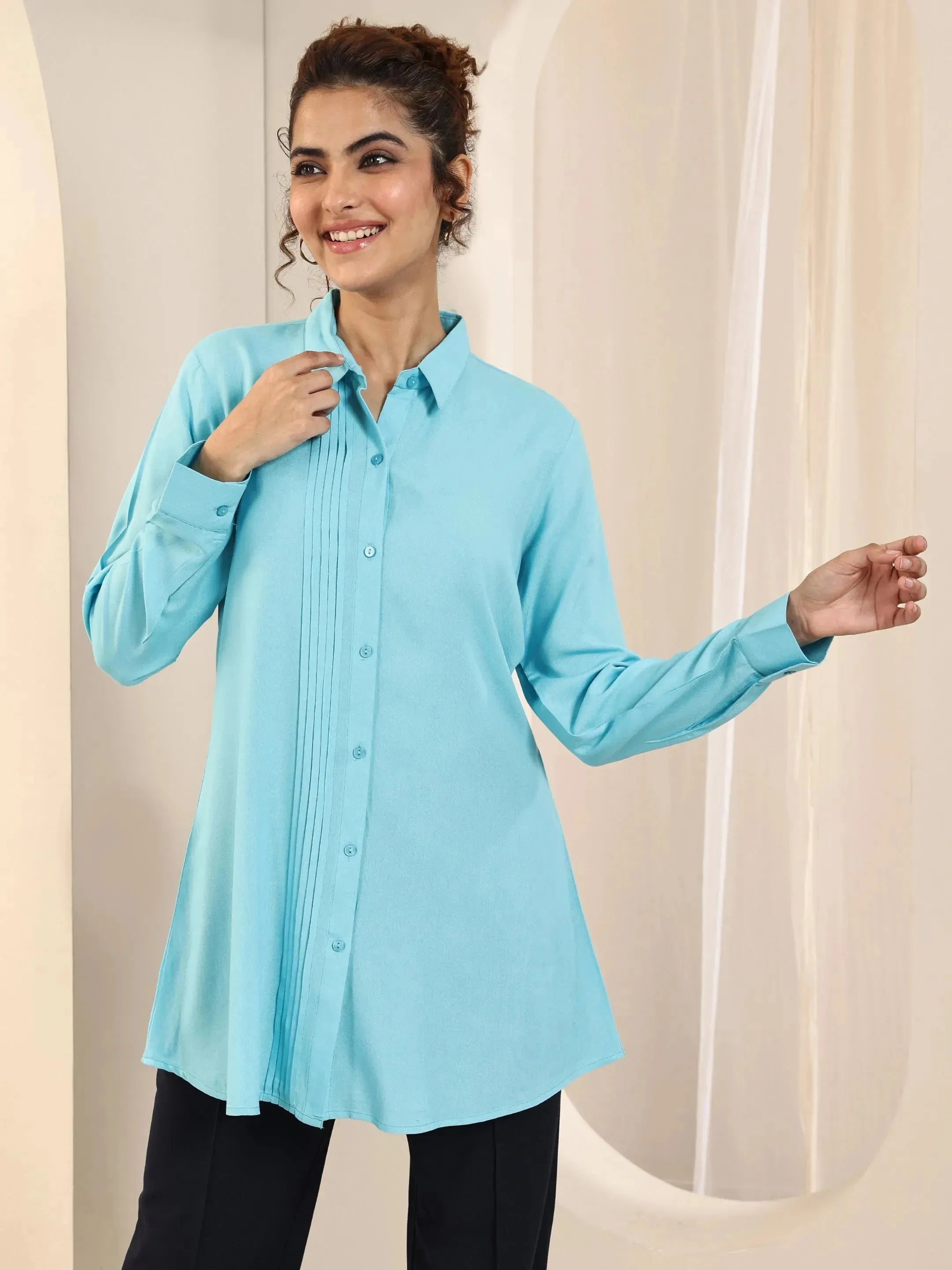 Blue Solid Rayon Straight Short Kurti