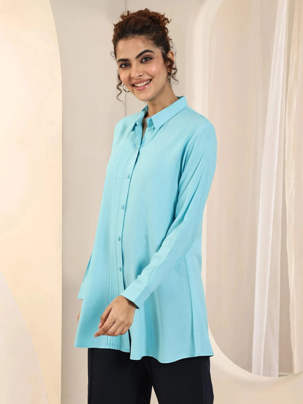 Blue Solid Rayon Straight Short Kurti