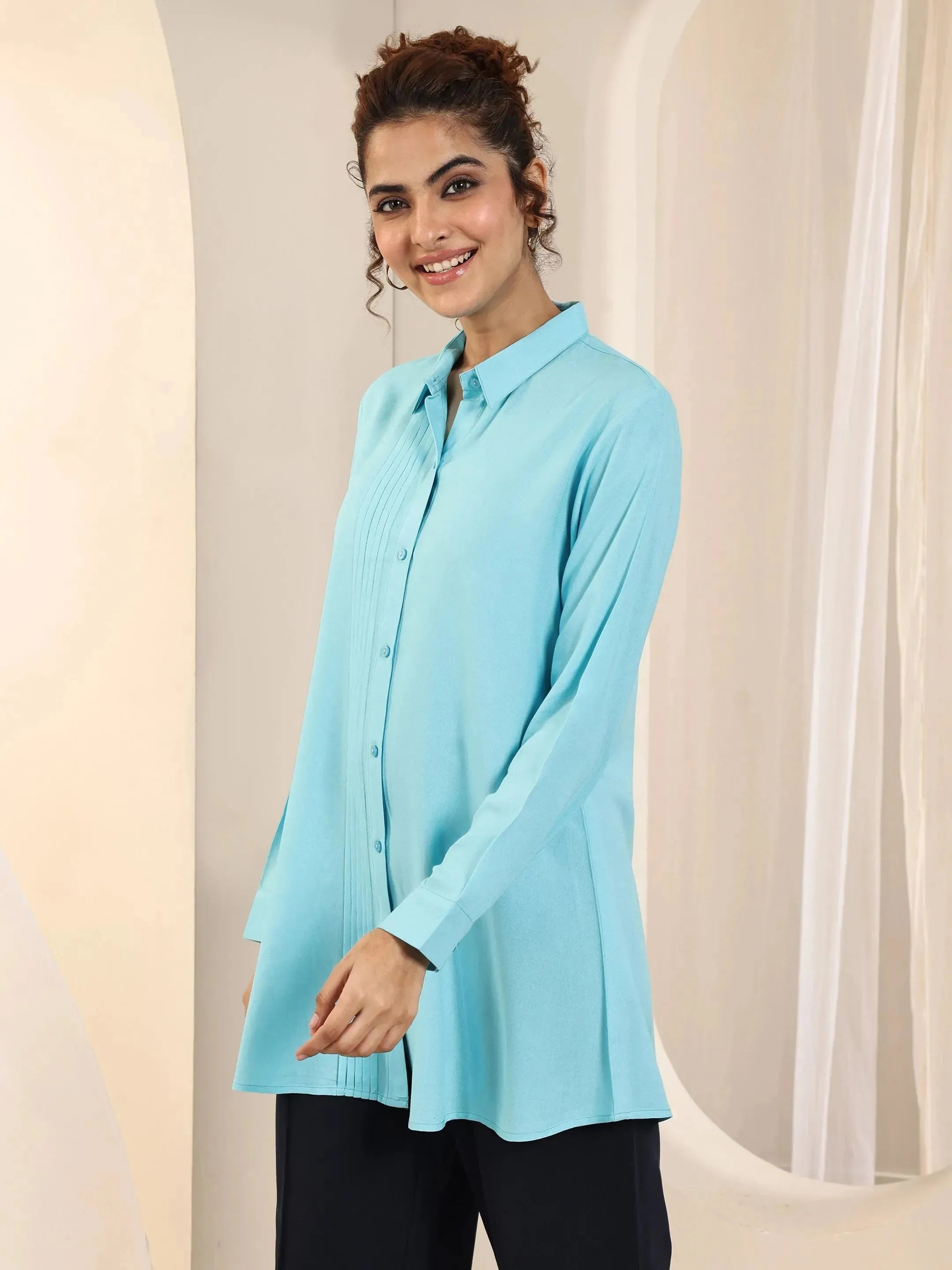 Blue Solid Rayon Straight Short Kurti