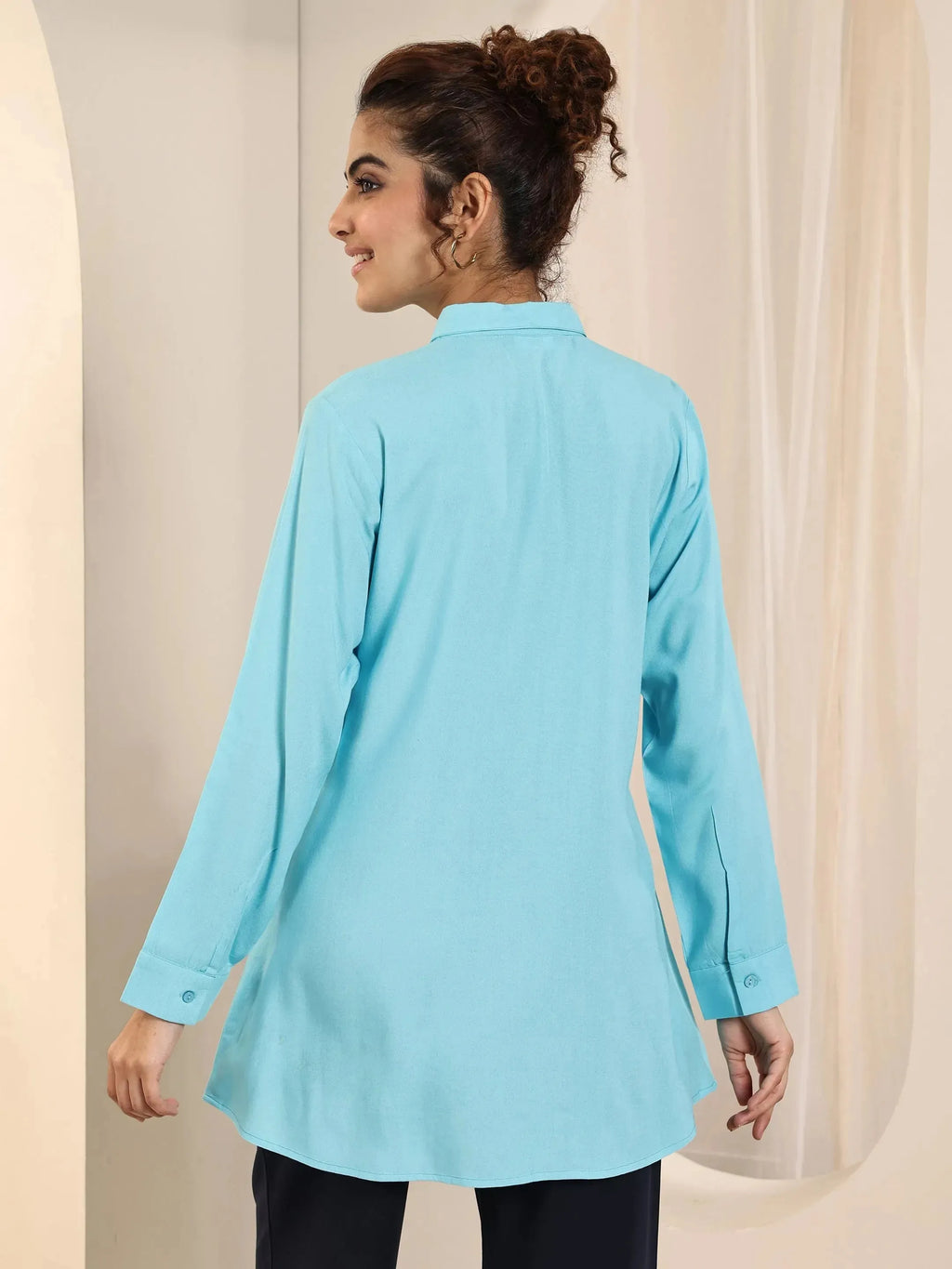 Blue Solid Rayon Straight Short Kurti