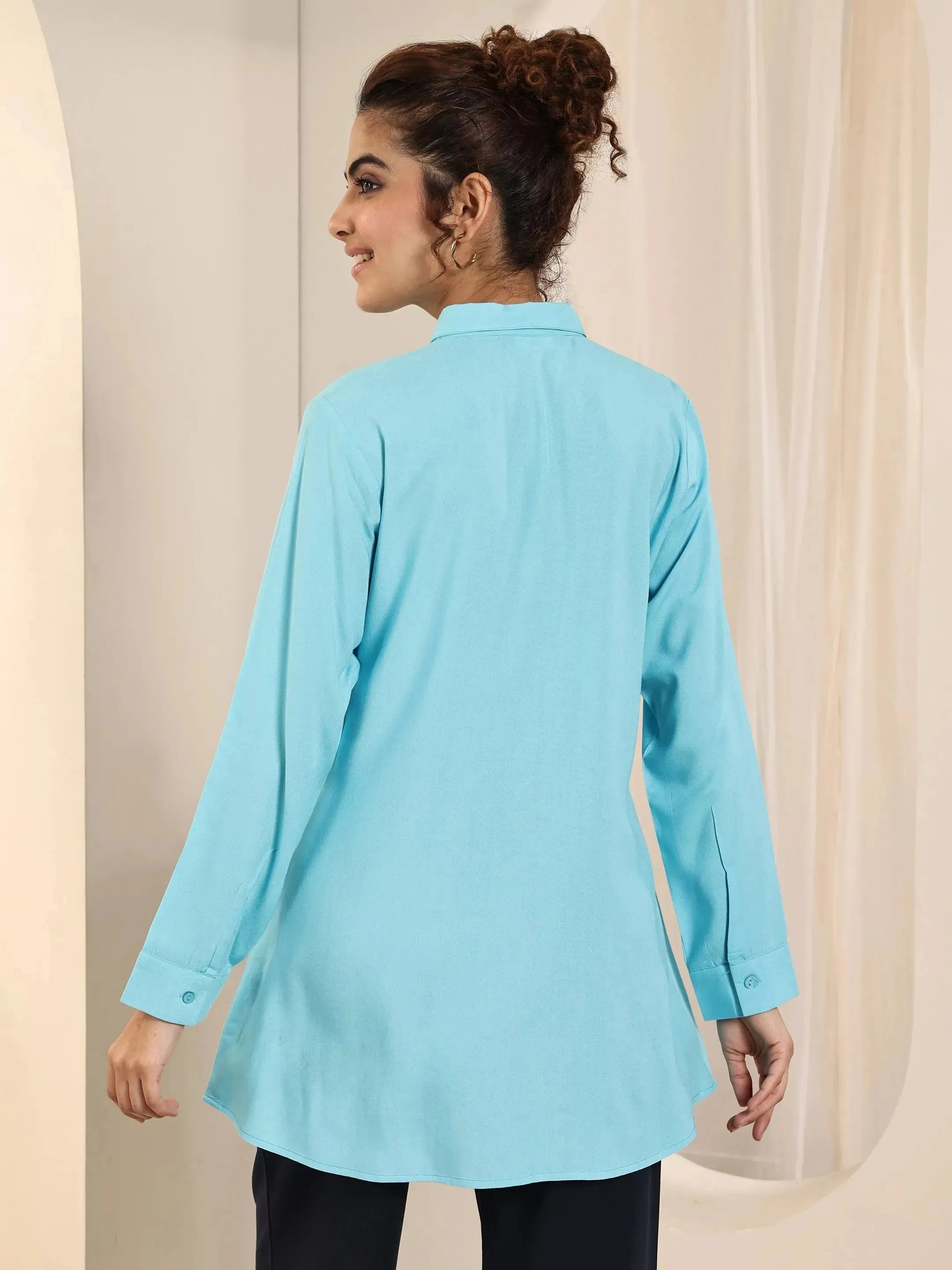 Blue Solid Rayon Straight Short Kurti