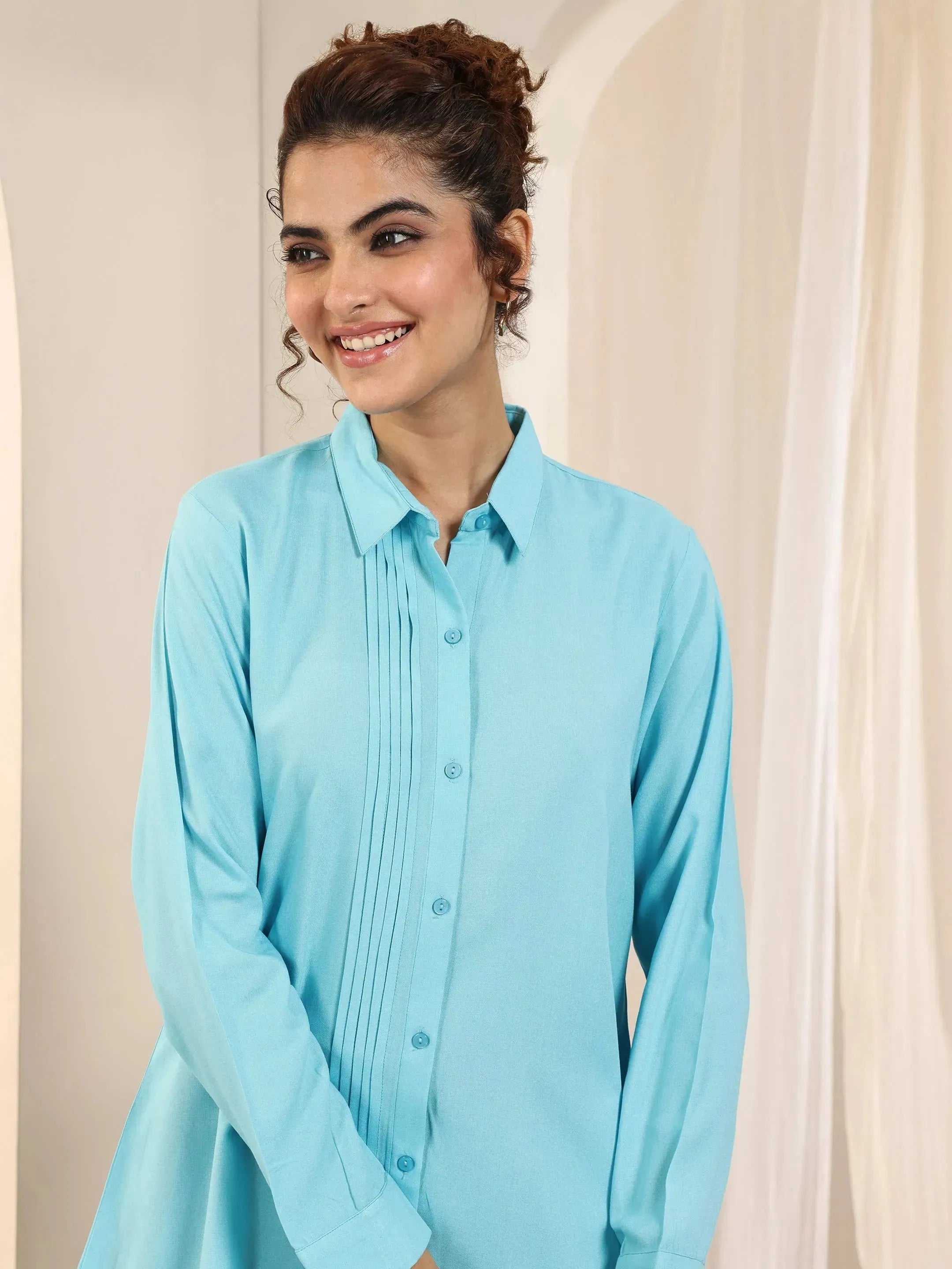 Blue Solid Rayon Straight Short Kurti