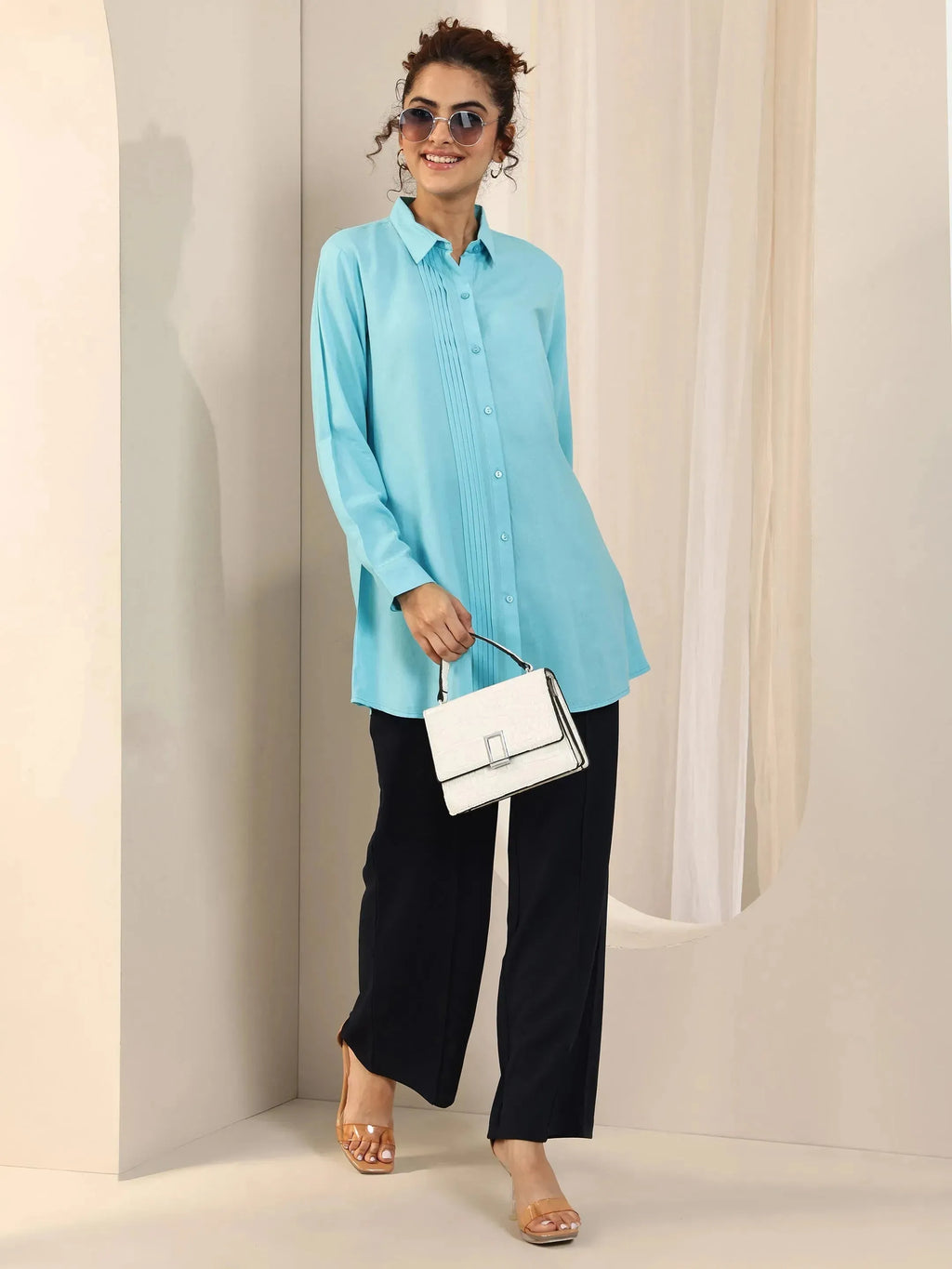 Blue Solid Rayon Straight Short Kurti