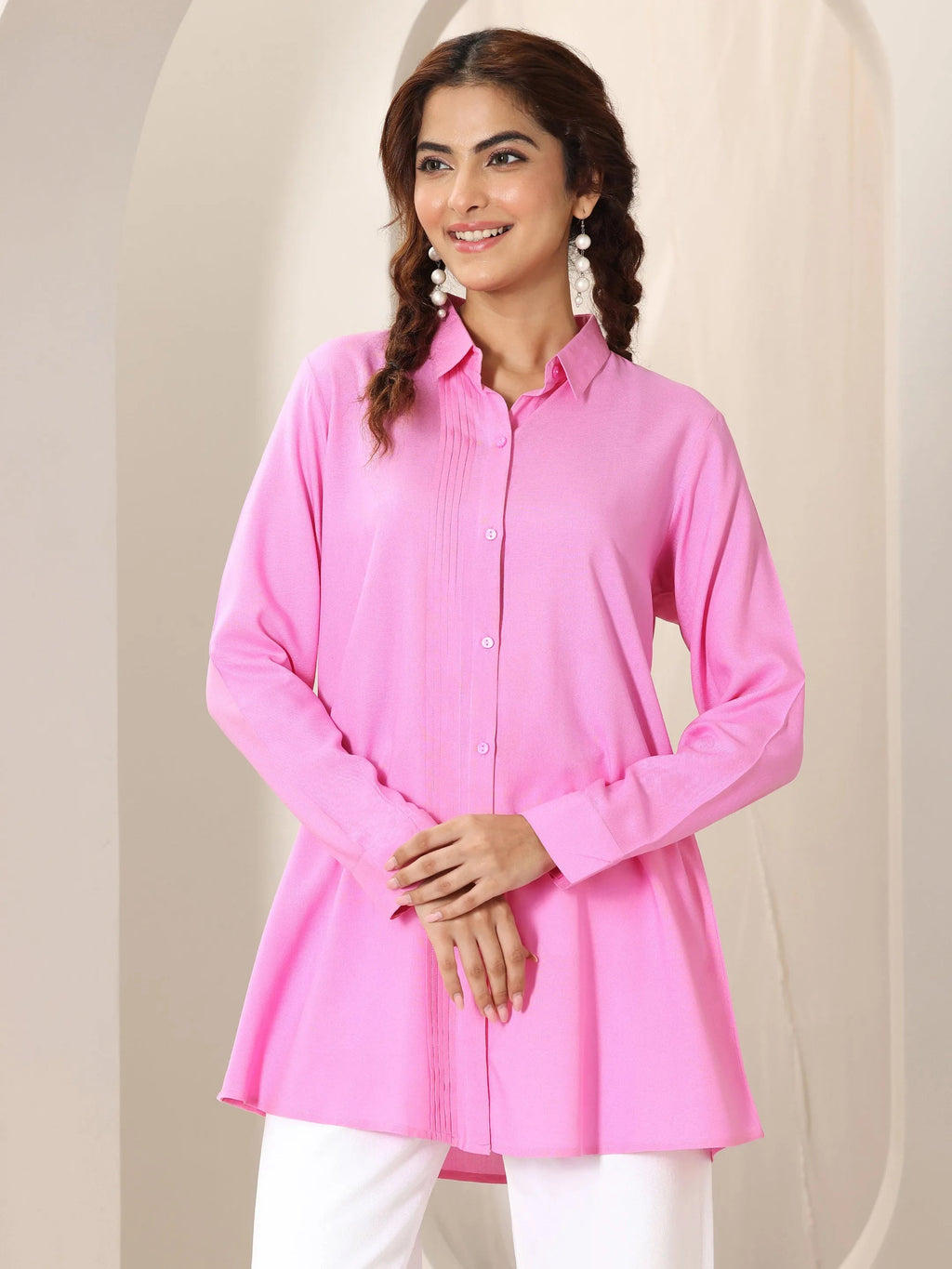 Pink Solid Rayon Straight Short Kurti