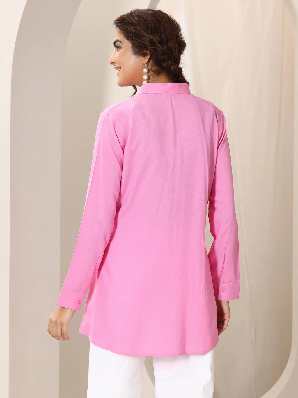Pink Solid Rayon Straight Short Kurti