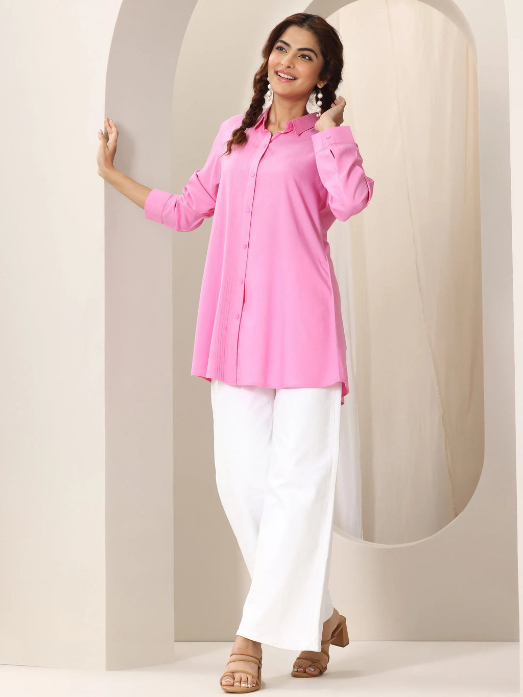 Pink Solid Rayon Straight Short Kurti