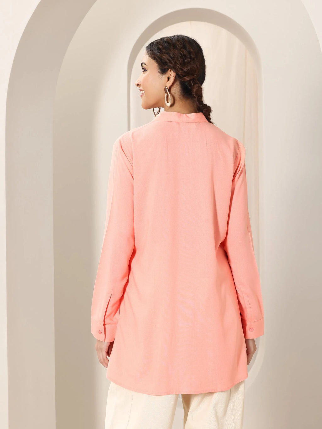 Peach Solid Rayon Straight Short Kurti