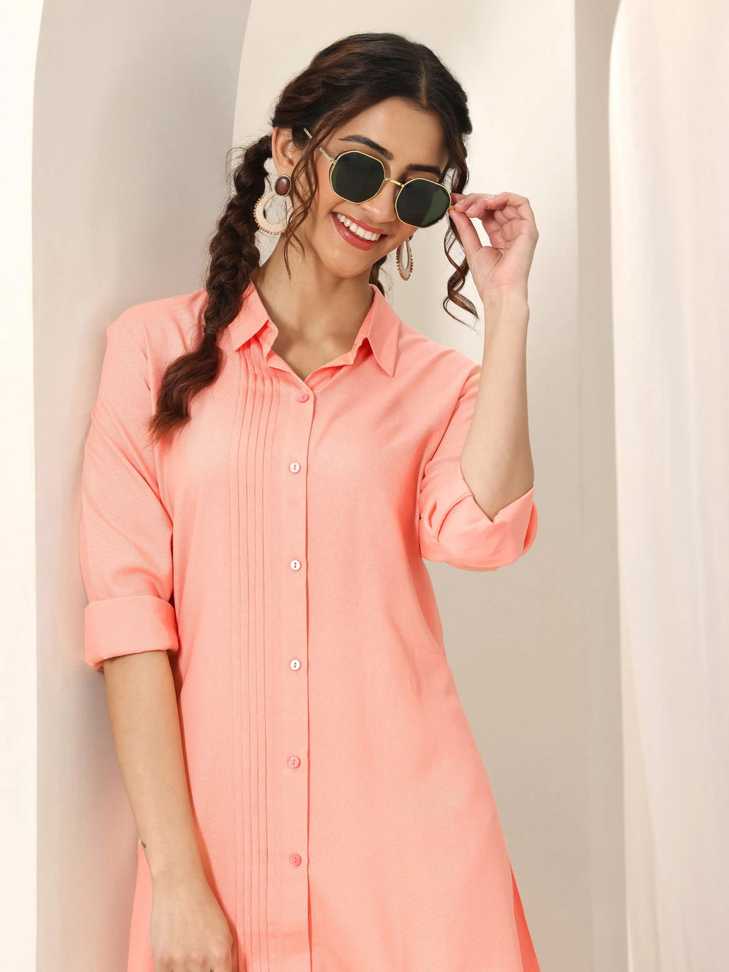 Peach Solid Rayon Straight Short Kurti