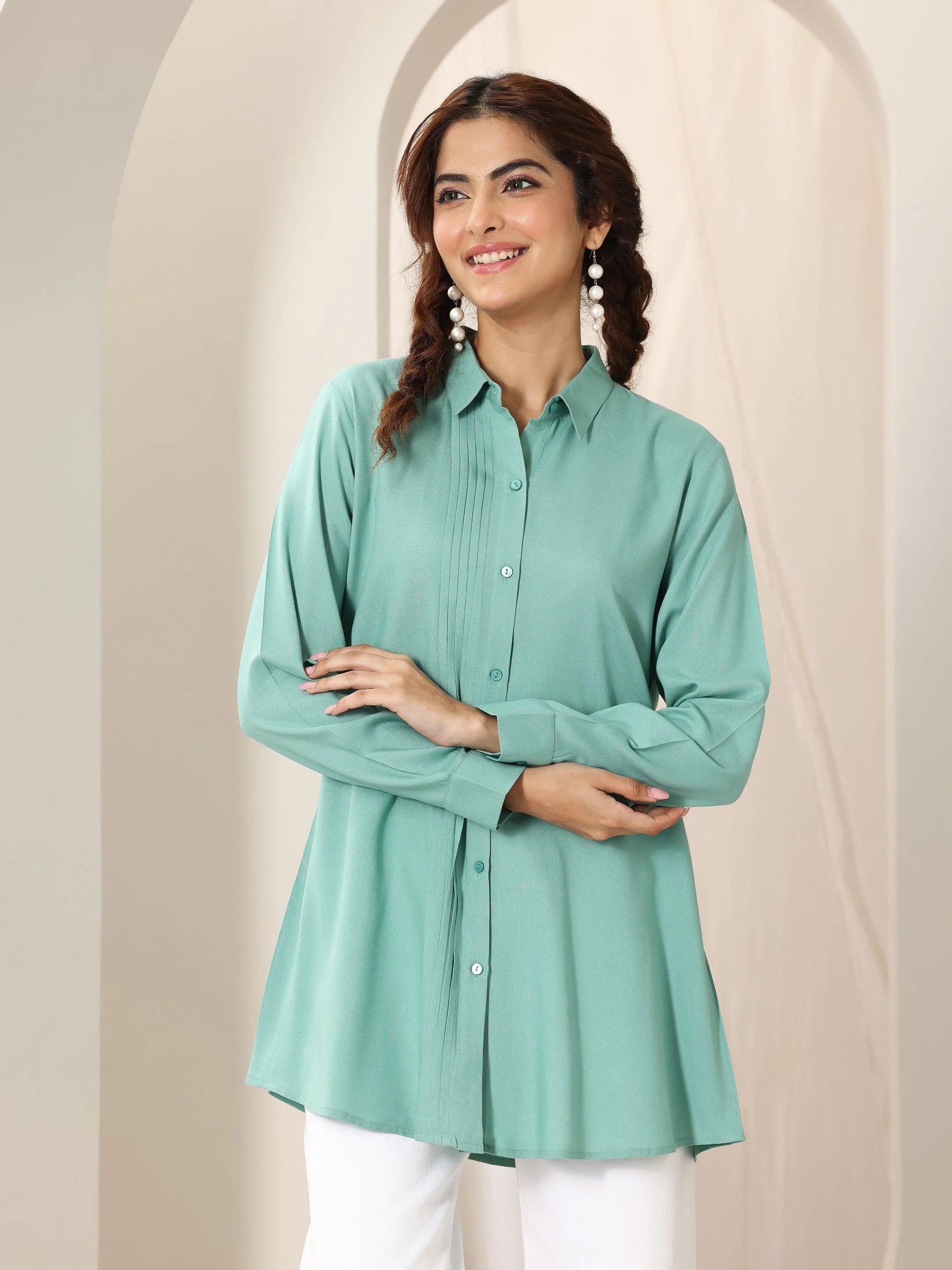 Green Solid Rayon Straight Short Kurti