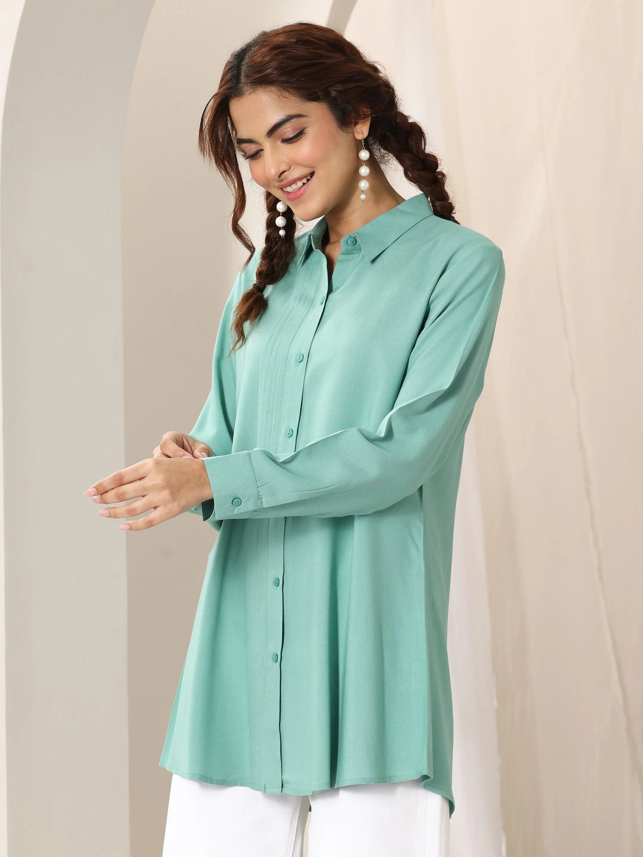 Green Solid Rayon Straight Short Kurti