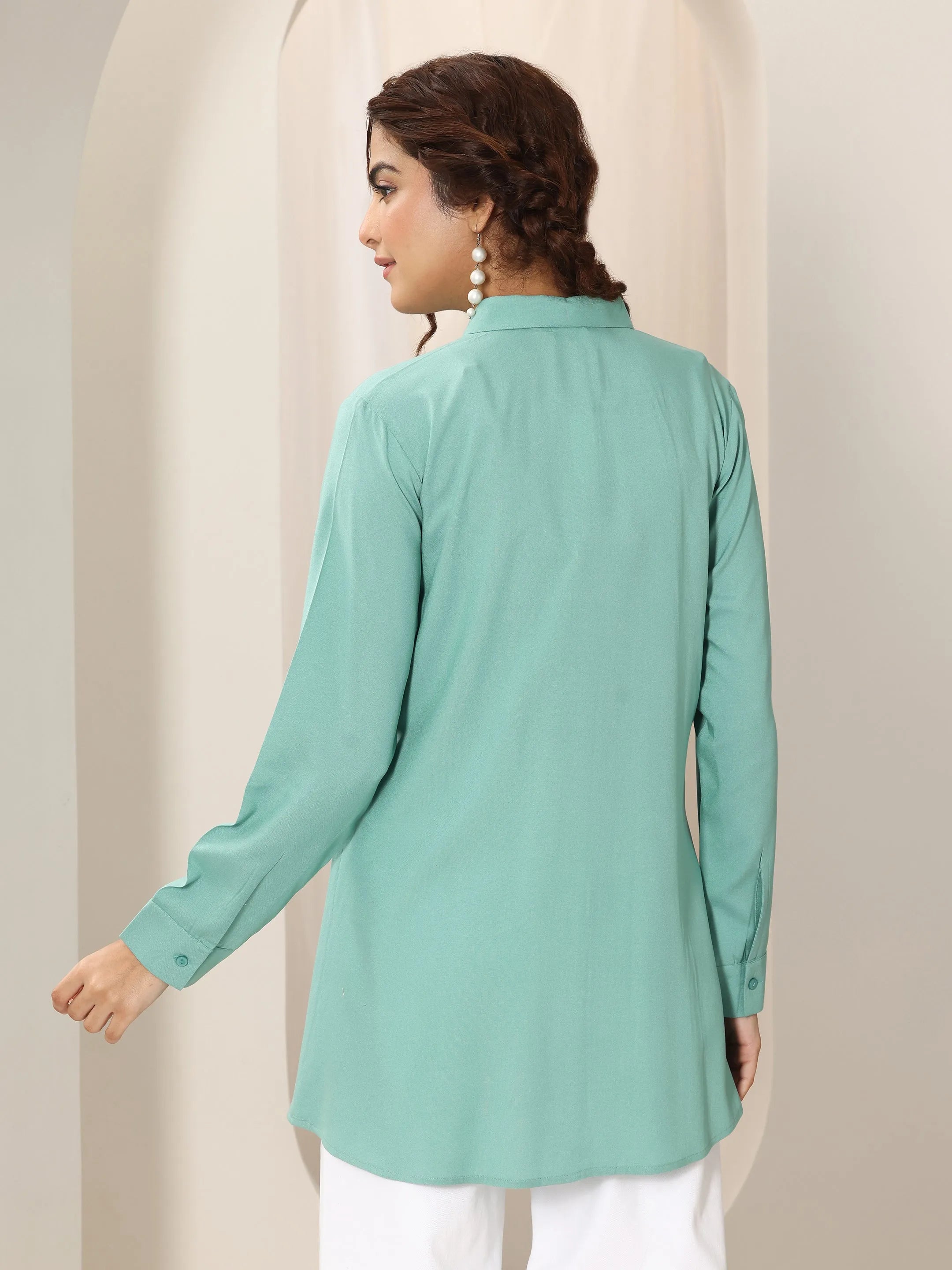 Green Solid Rayon Straight Short Kurti