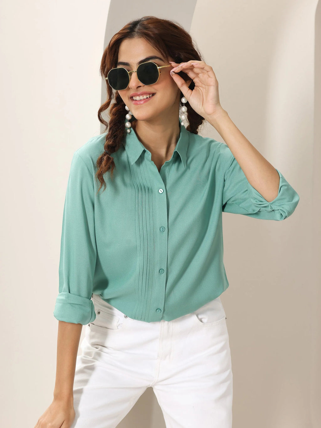 Green Solid Rayon Straight Short Kurti