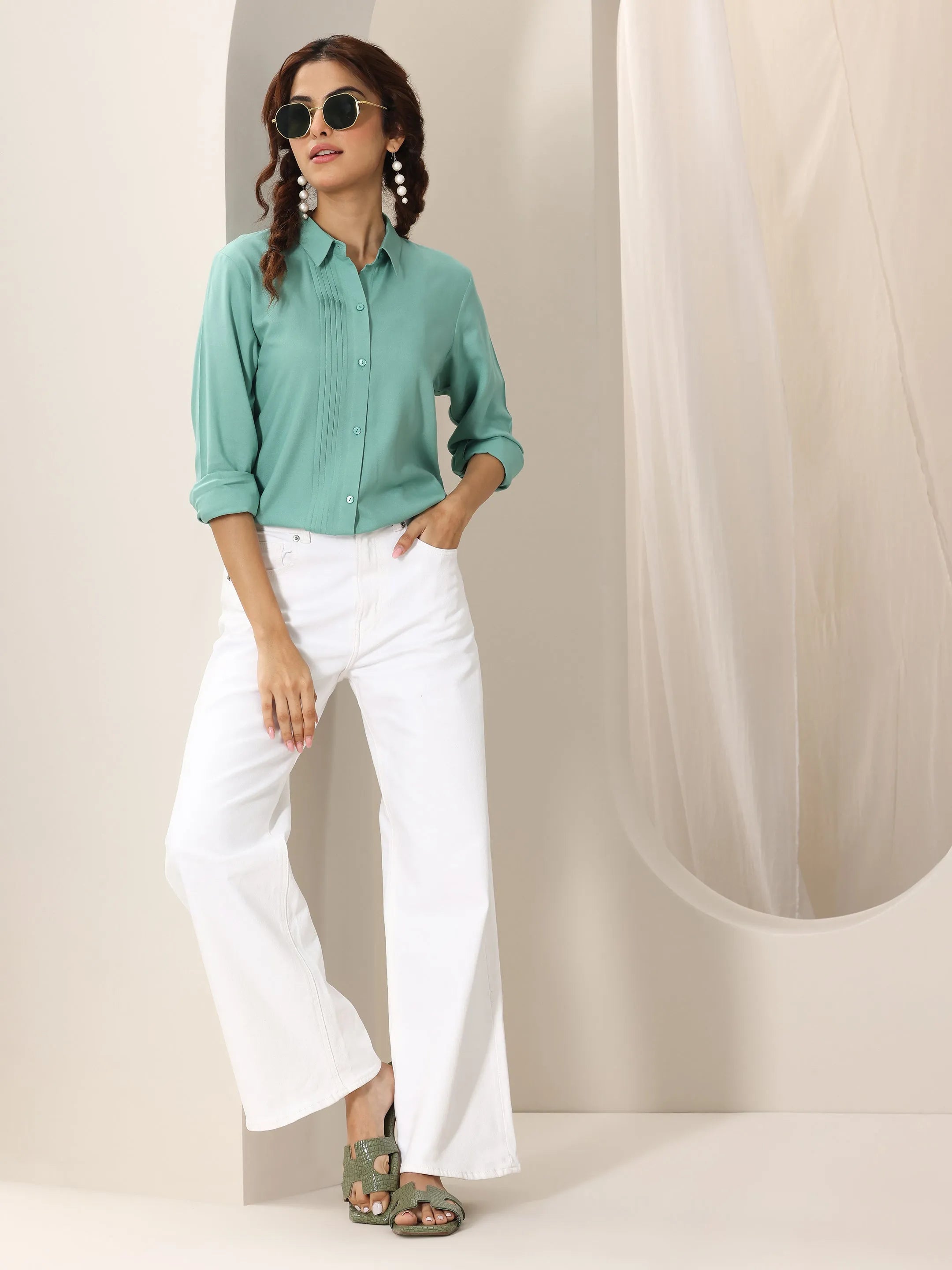 Green Solid Rayon Straight Short Kurti