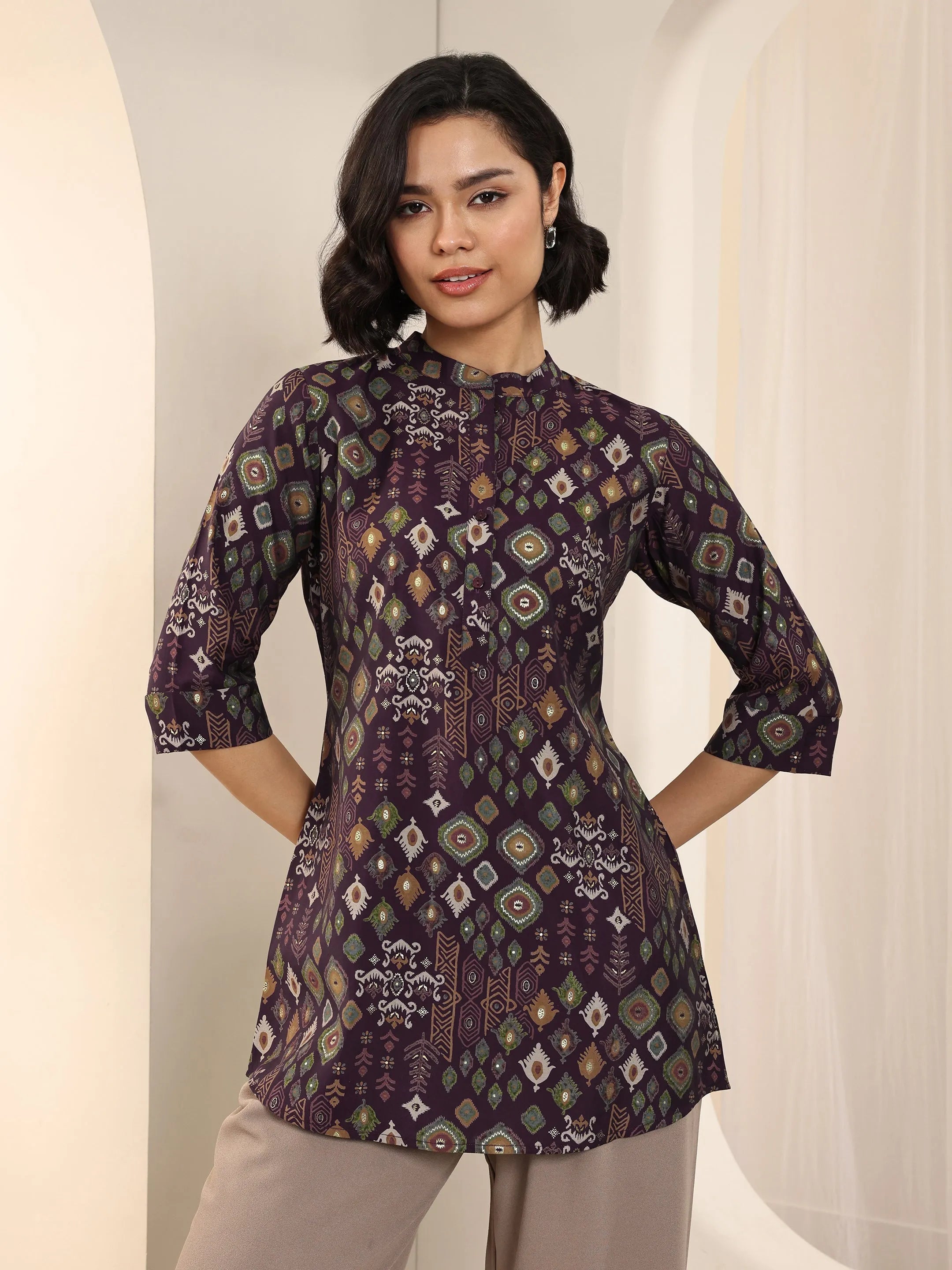 Burgundy Printed Silk Blend Straight Short Kurti