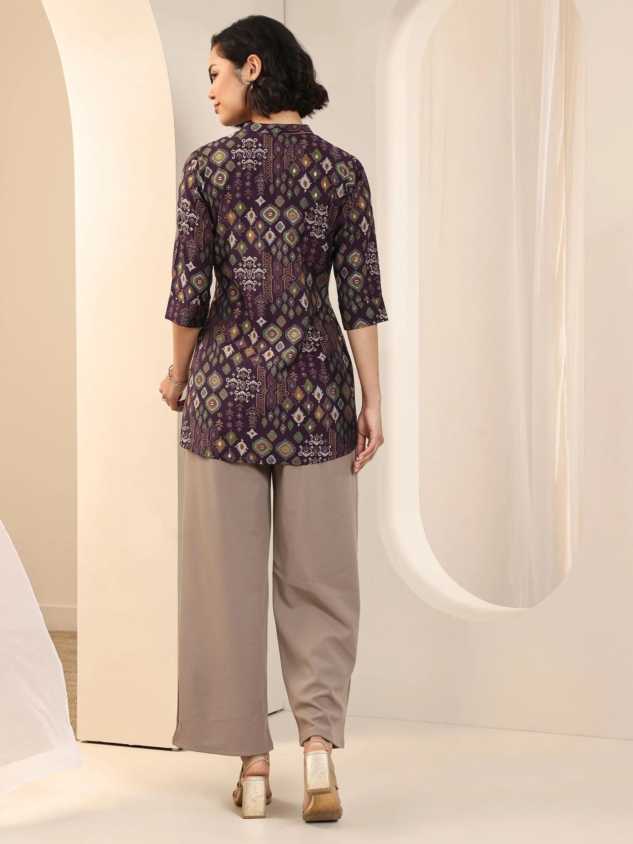 Burgundy Printed Silk Blend Straight Short Kurti