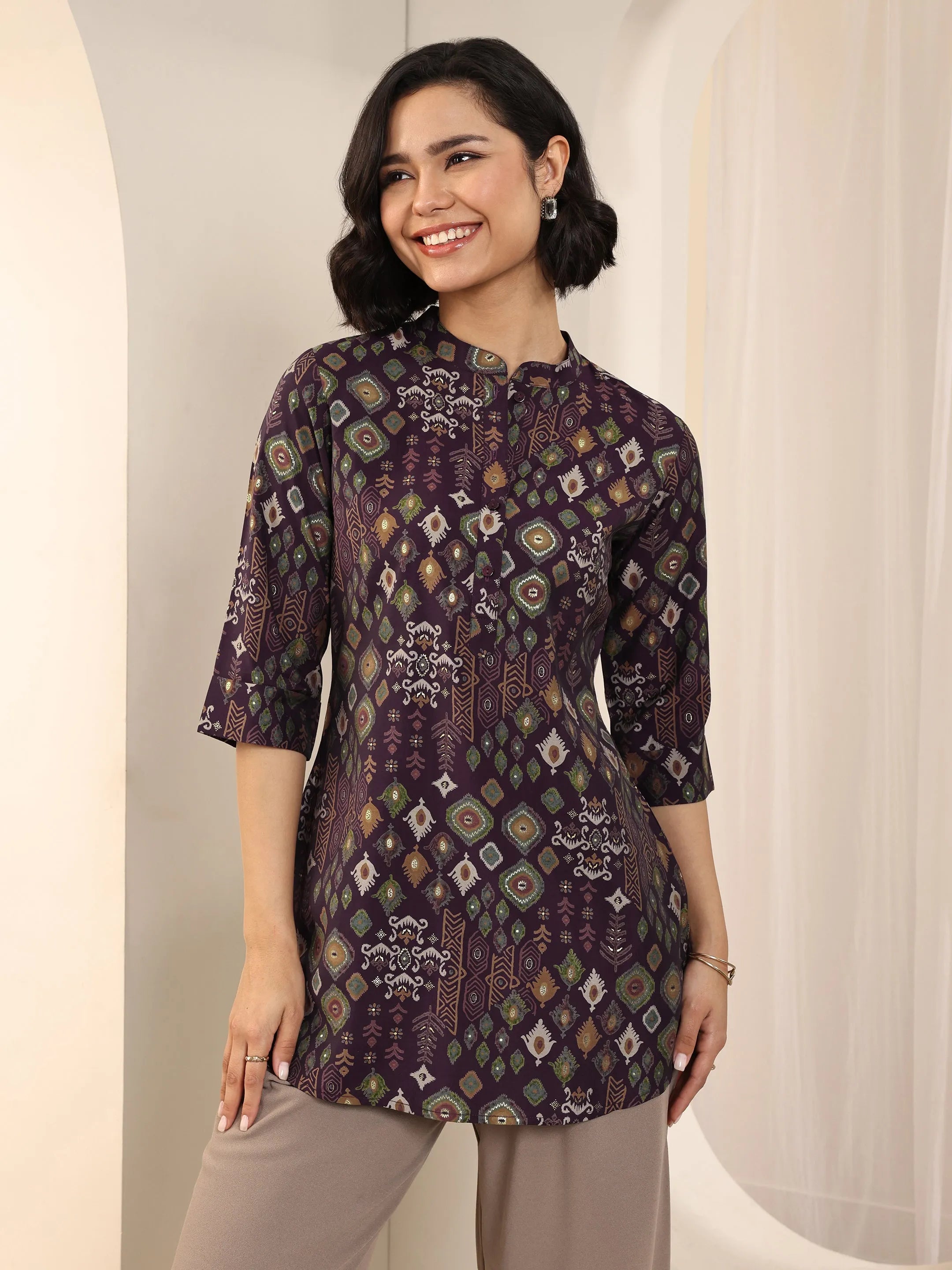 Burgundy Printed Silk Blend Straight Short Kurti