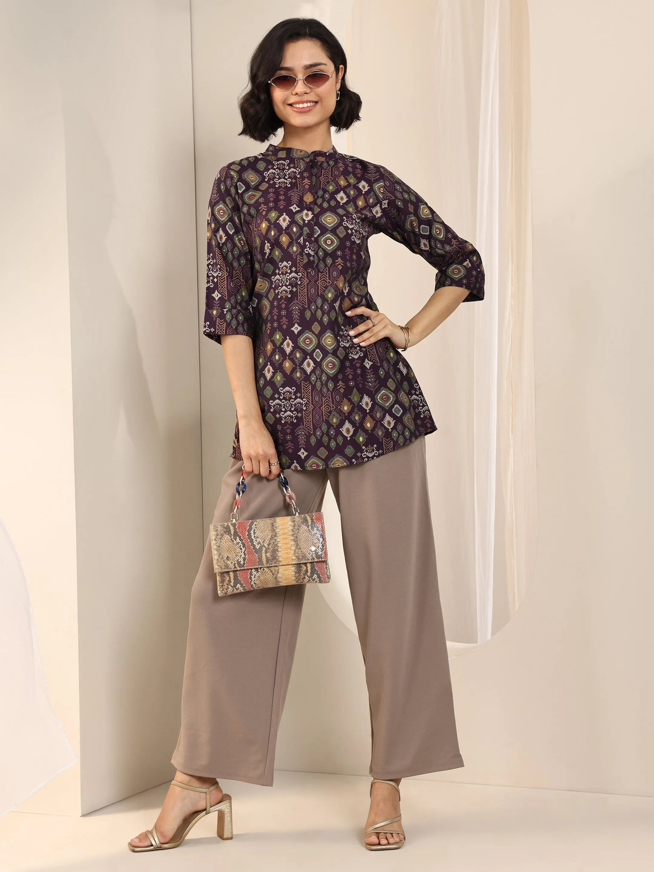 Burgundy Printed Silk Blend Straight Short Kurti