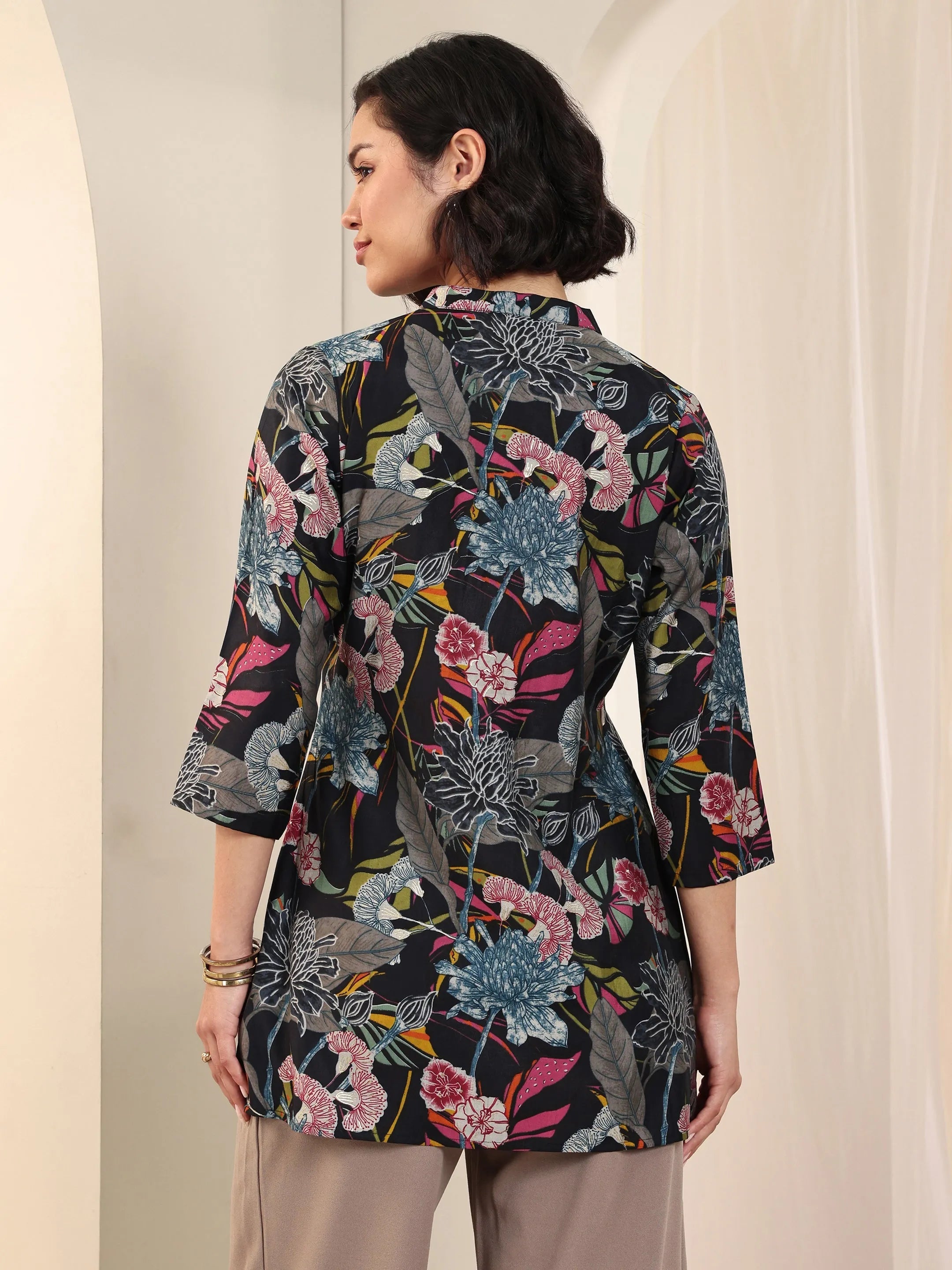 Black Printed Silk Blend A-Line Short Kurti