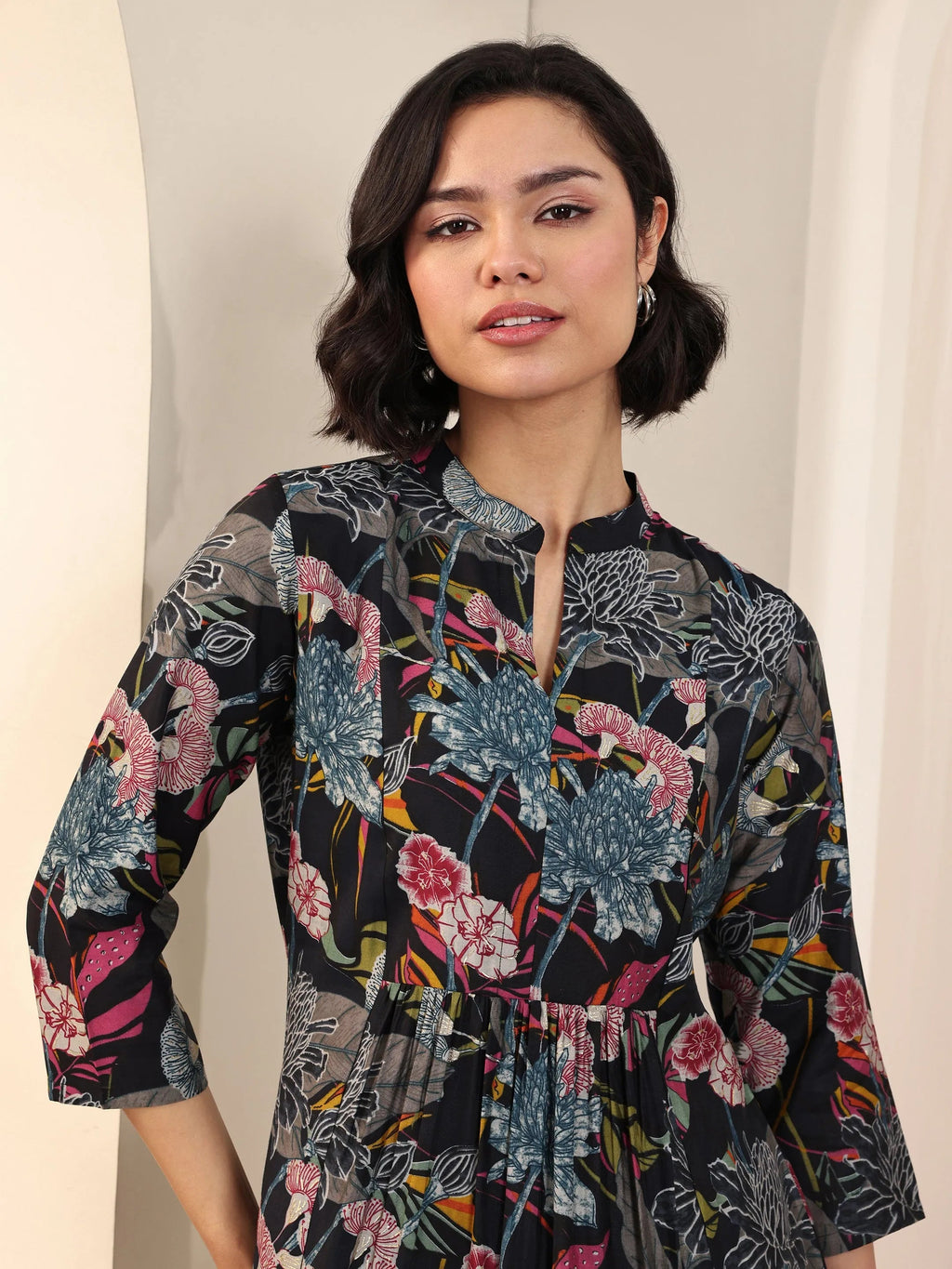 Black Printed Silk Blend A-Line Short Kurti