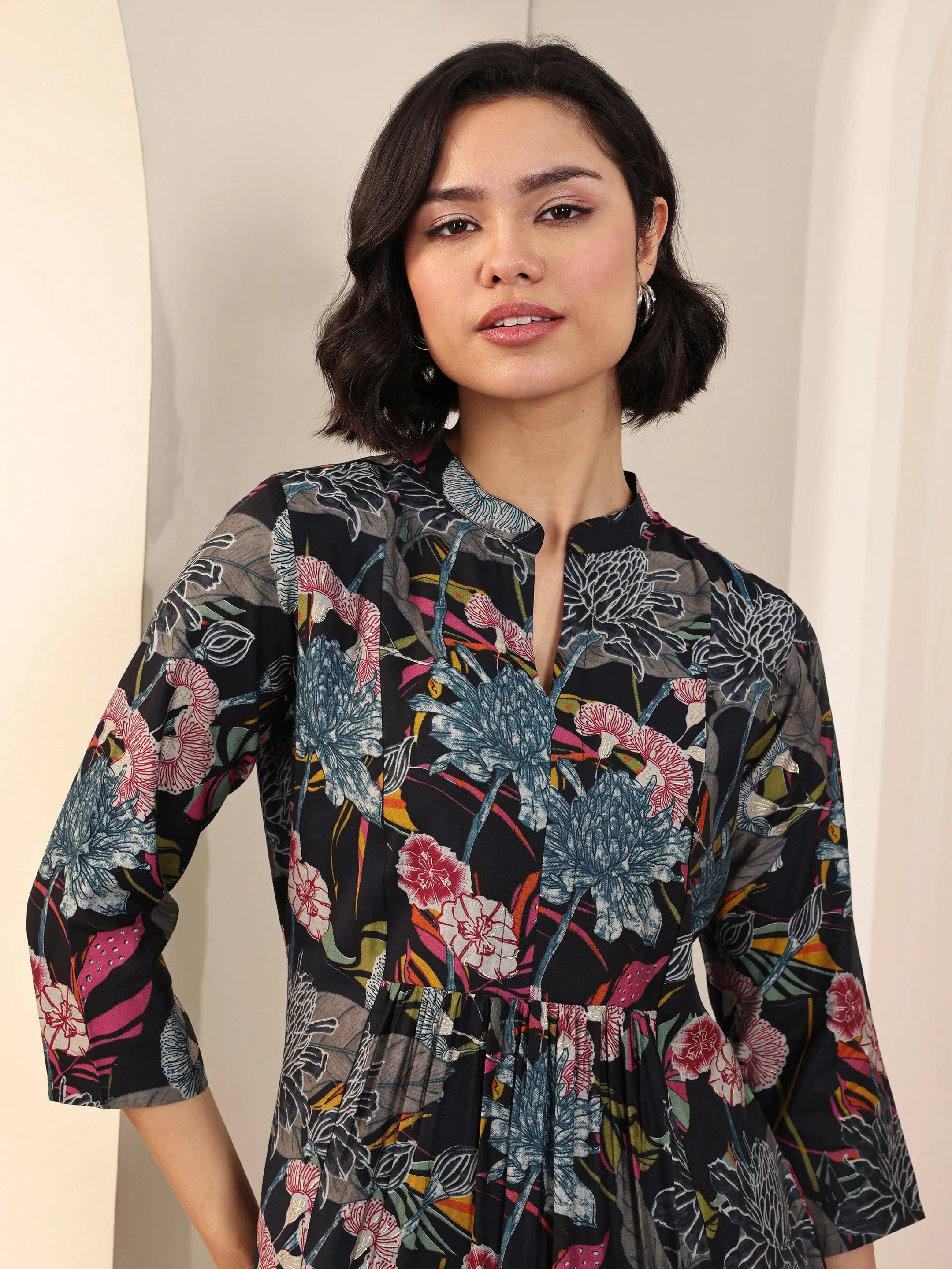 Black Printed Silk Blend A-Line Short Kurti