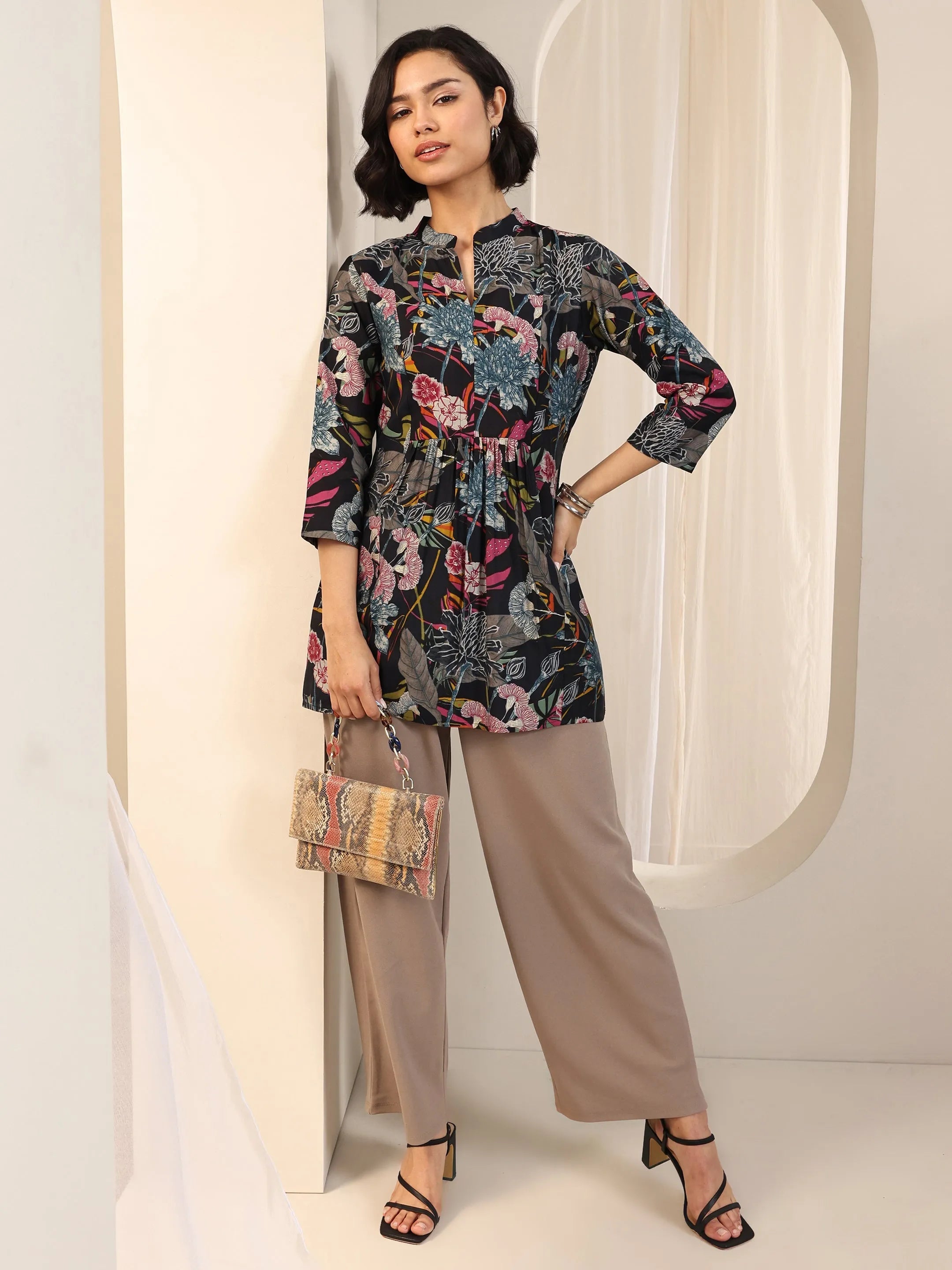 Black Printed Silk Blend A-Line Short Kurti