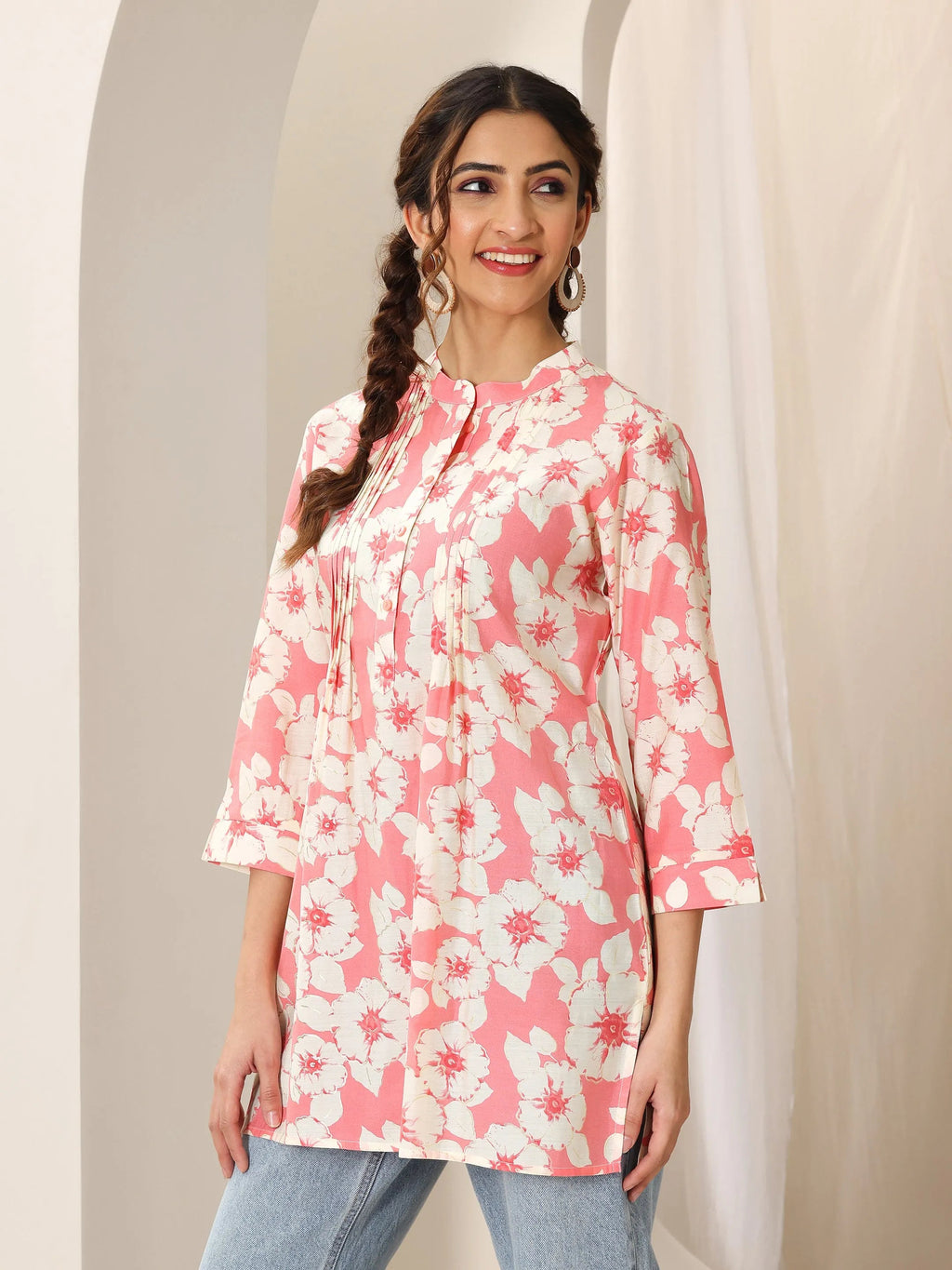 Pink Printed Silk Blend Straight Short Kurti