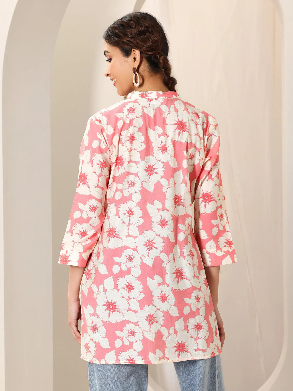 Pink Printed Silk Blend Straight Short Kurti