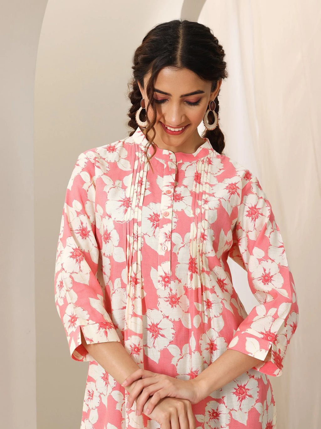 Pink Printed Silk Blend Straight Short Kurti