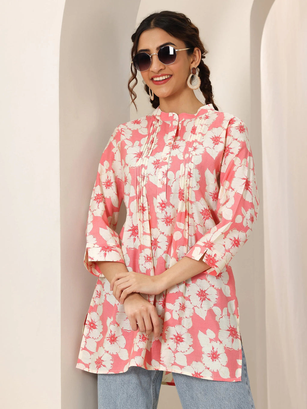 Pink Printed Silk Blend Straight Short Kurti