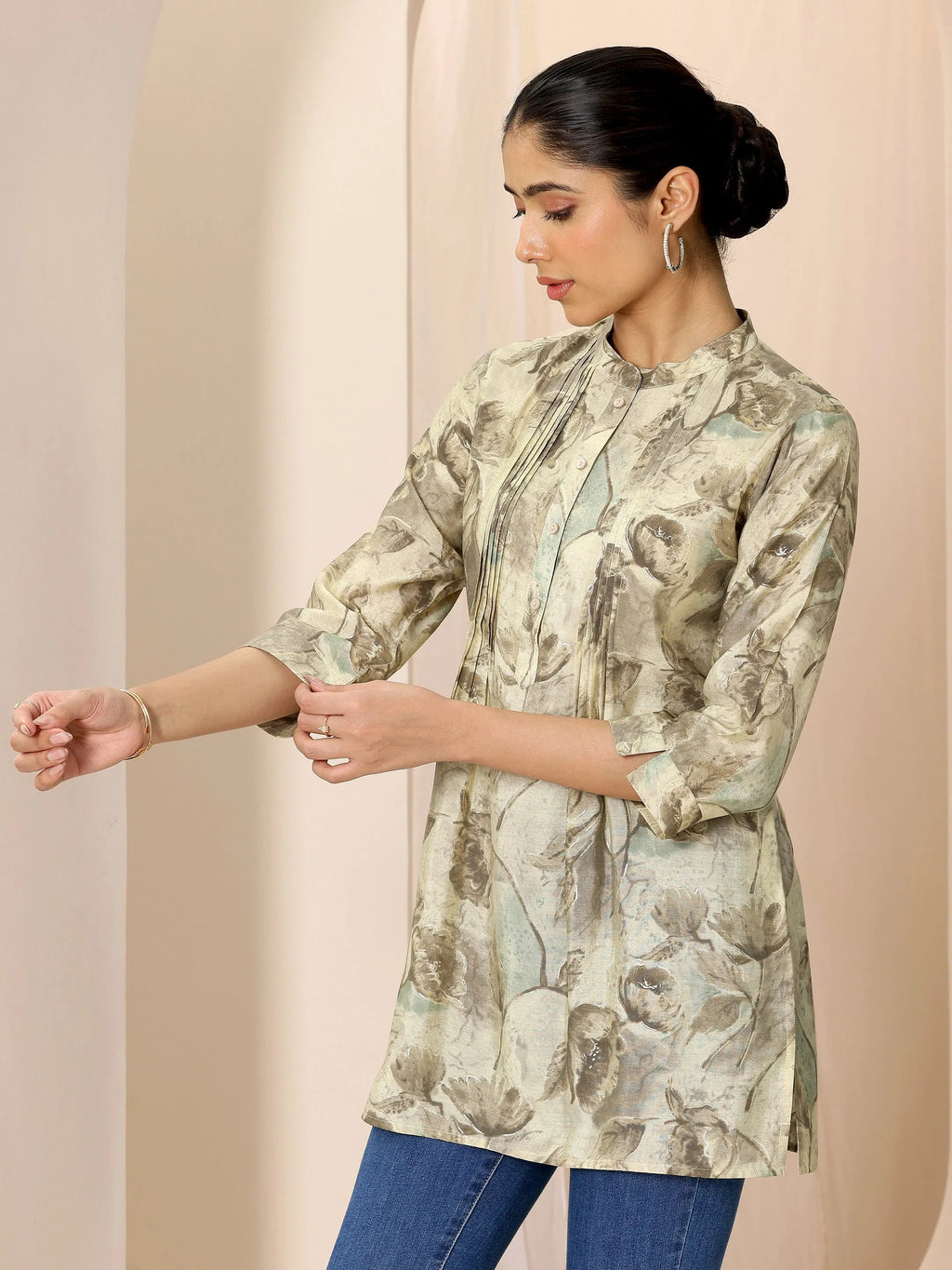 Beige Printed Silk Blend Straight Short Kurti