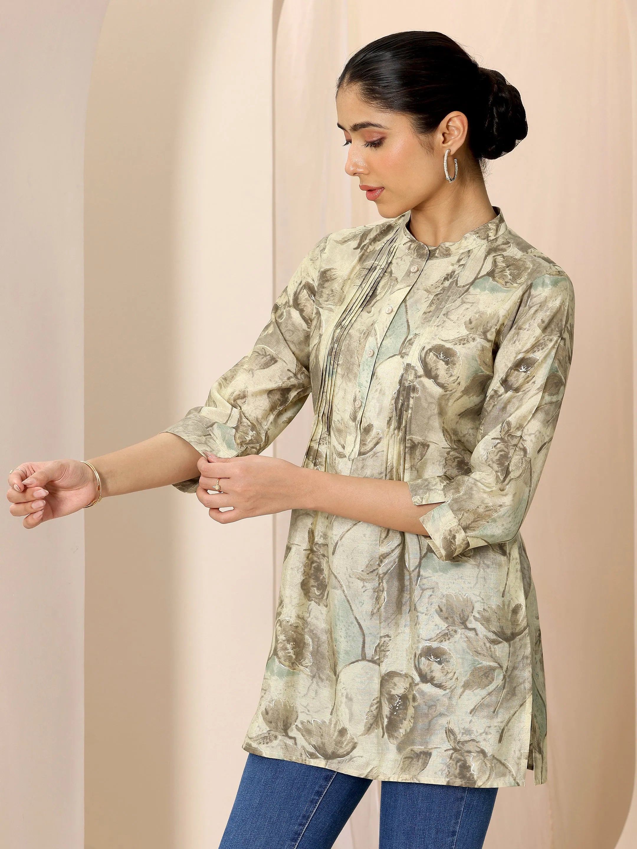 Beige Printed Silk Blend Straight Short Kurti