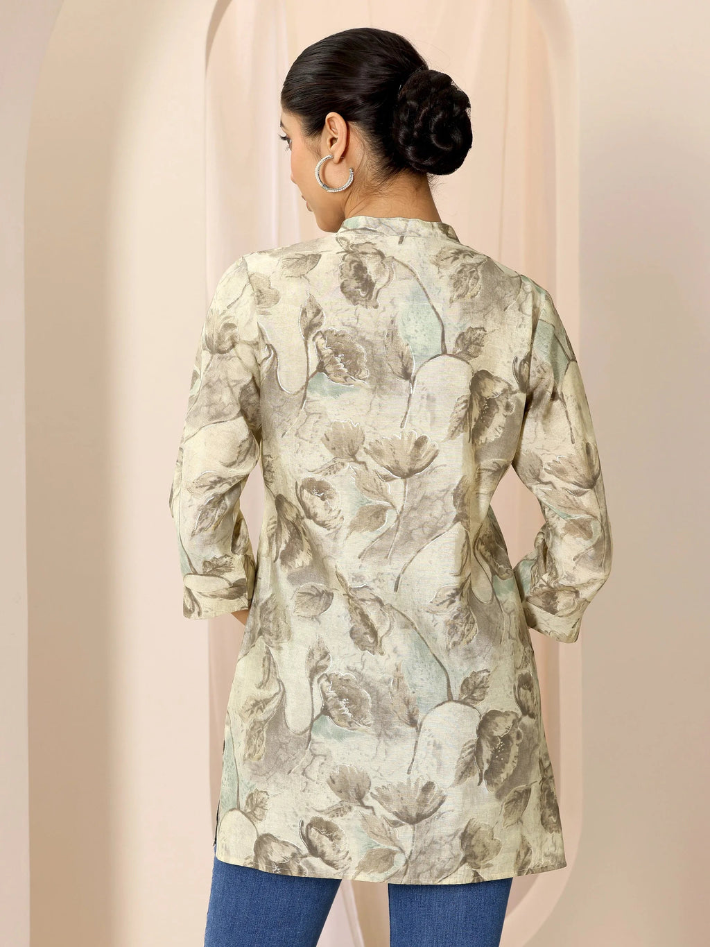 Beige Printed Silk Blend Straight Short Kurti