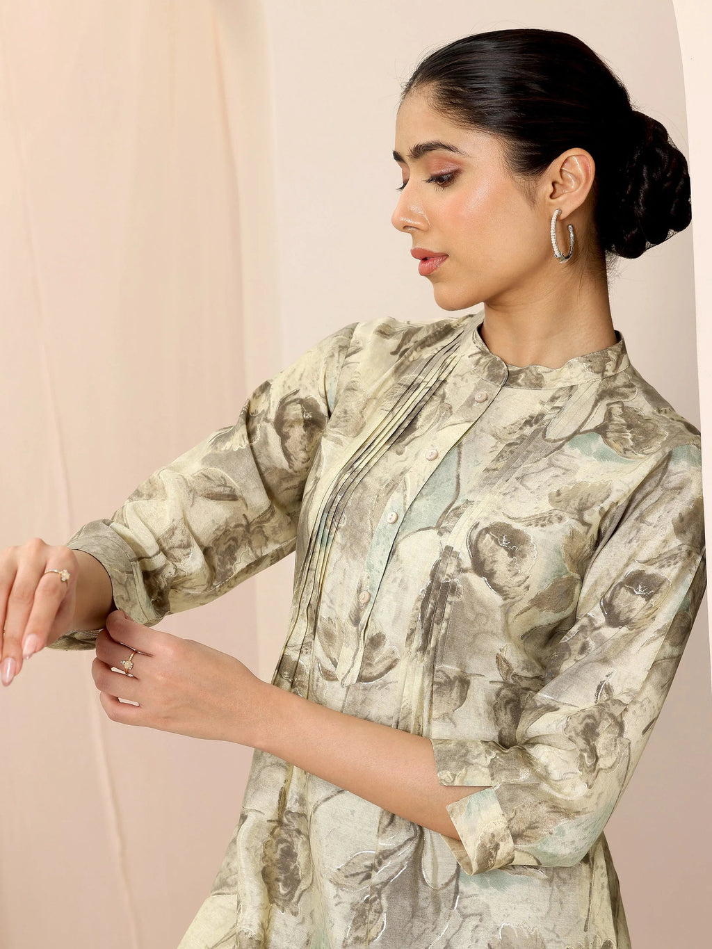 Beige Printed Silk Blend Straight Short Kurti