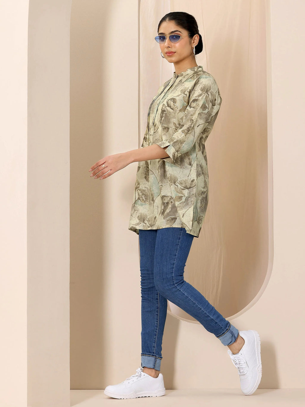 Beige Printed Silk Blend Straight Short Kurti