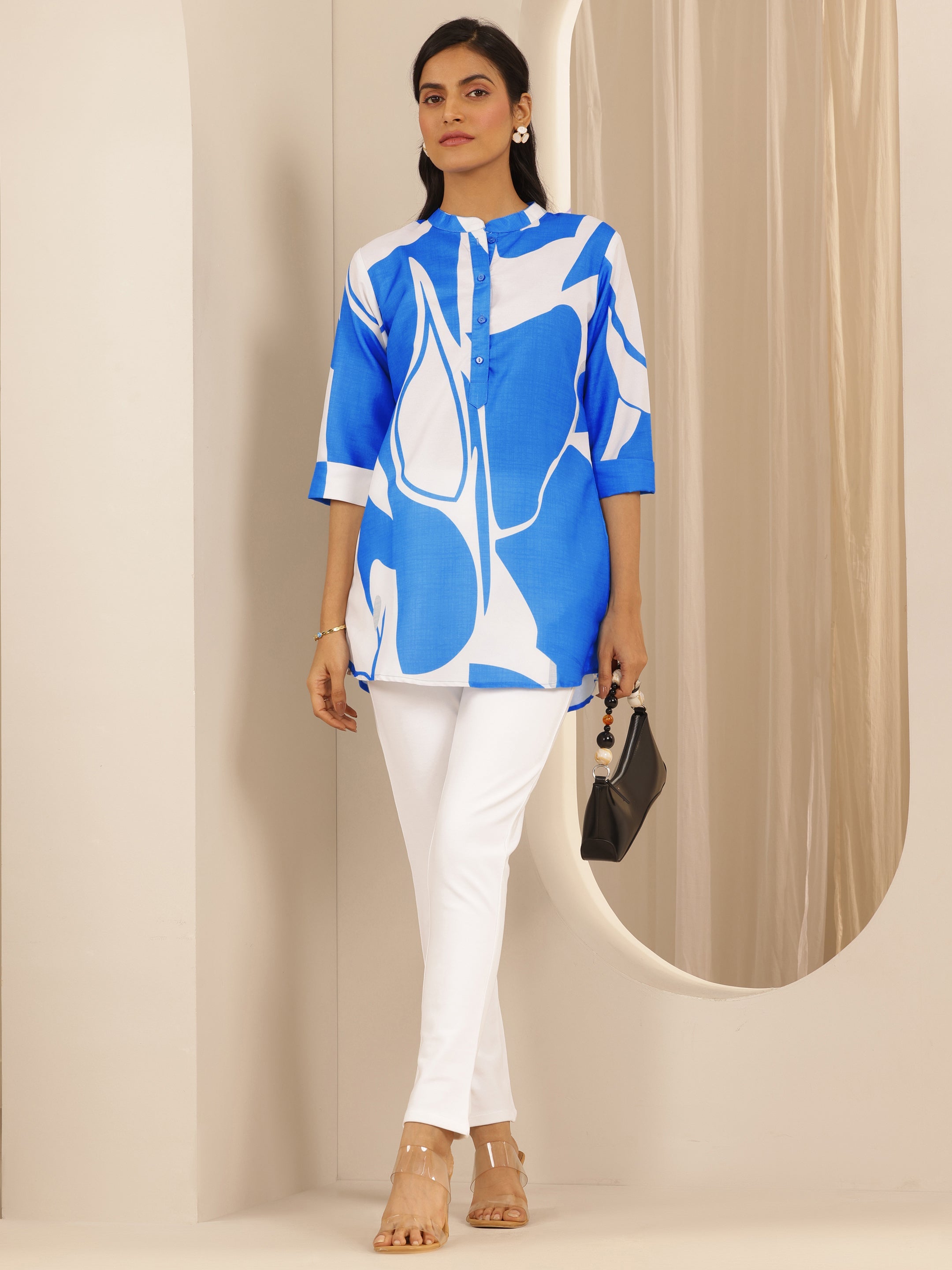 Blue Printed Viscose Straight Short Kurti