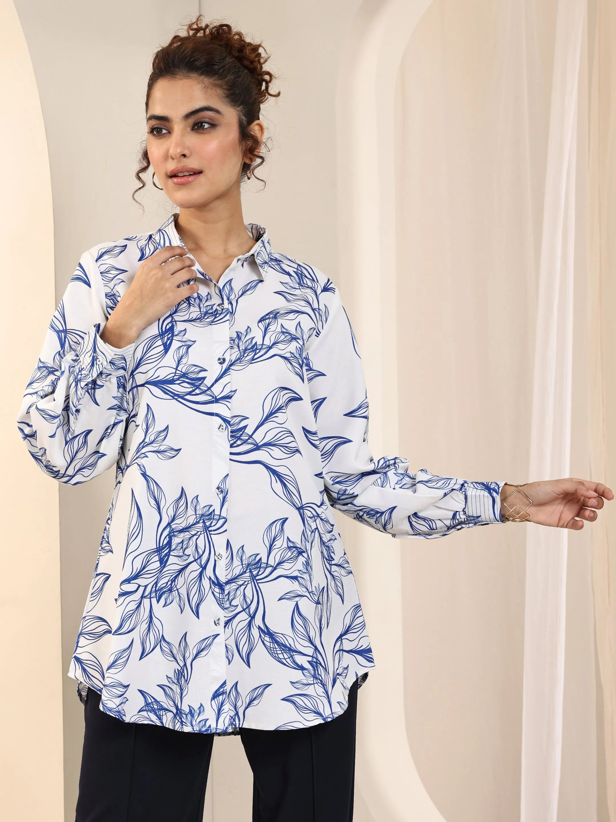 Off White Printed Rayon Straight Tunic