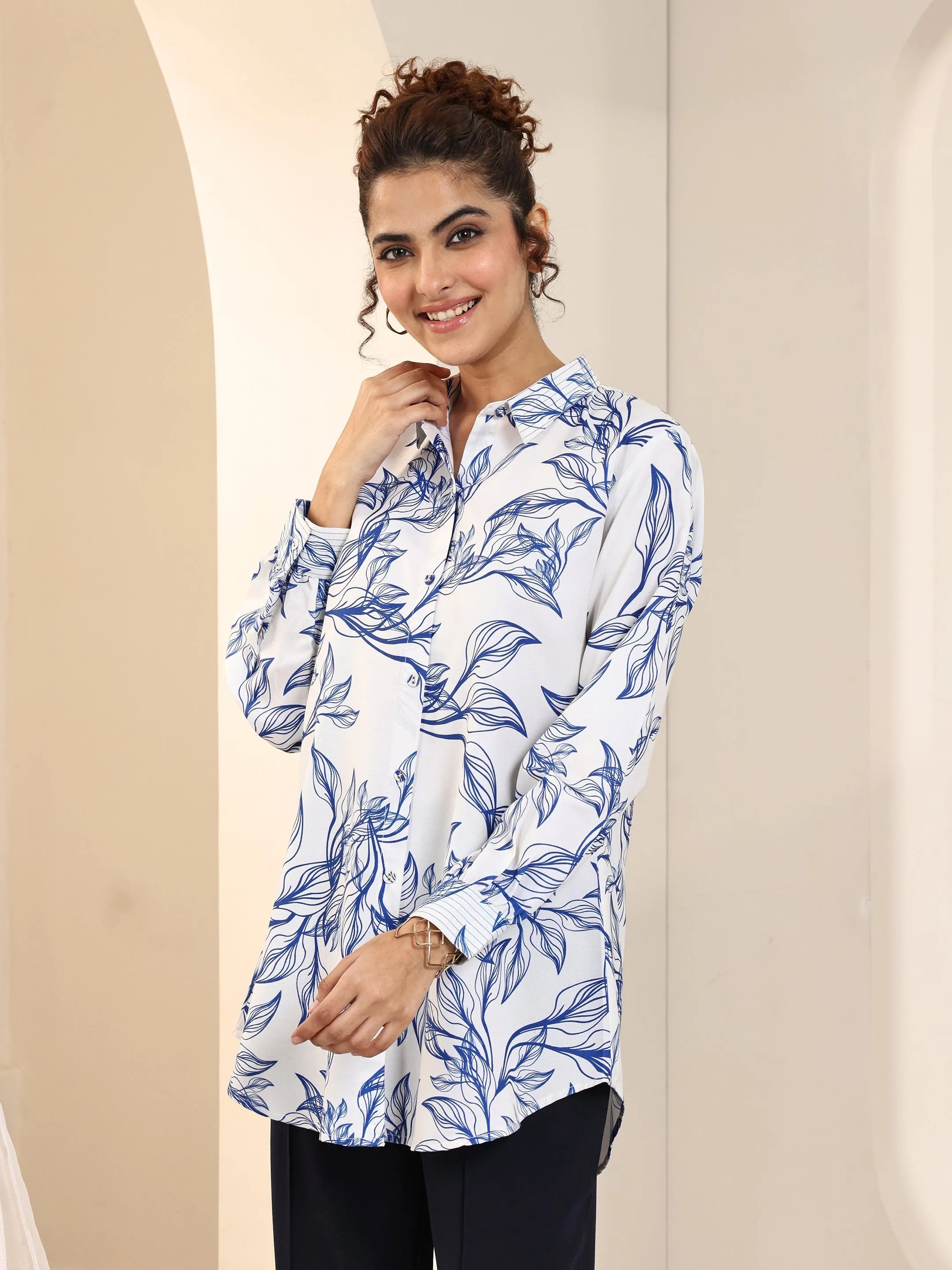 Off White Printed Rayon Straight Tunic