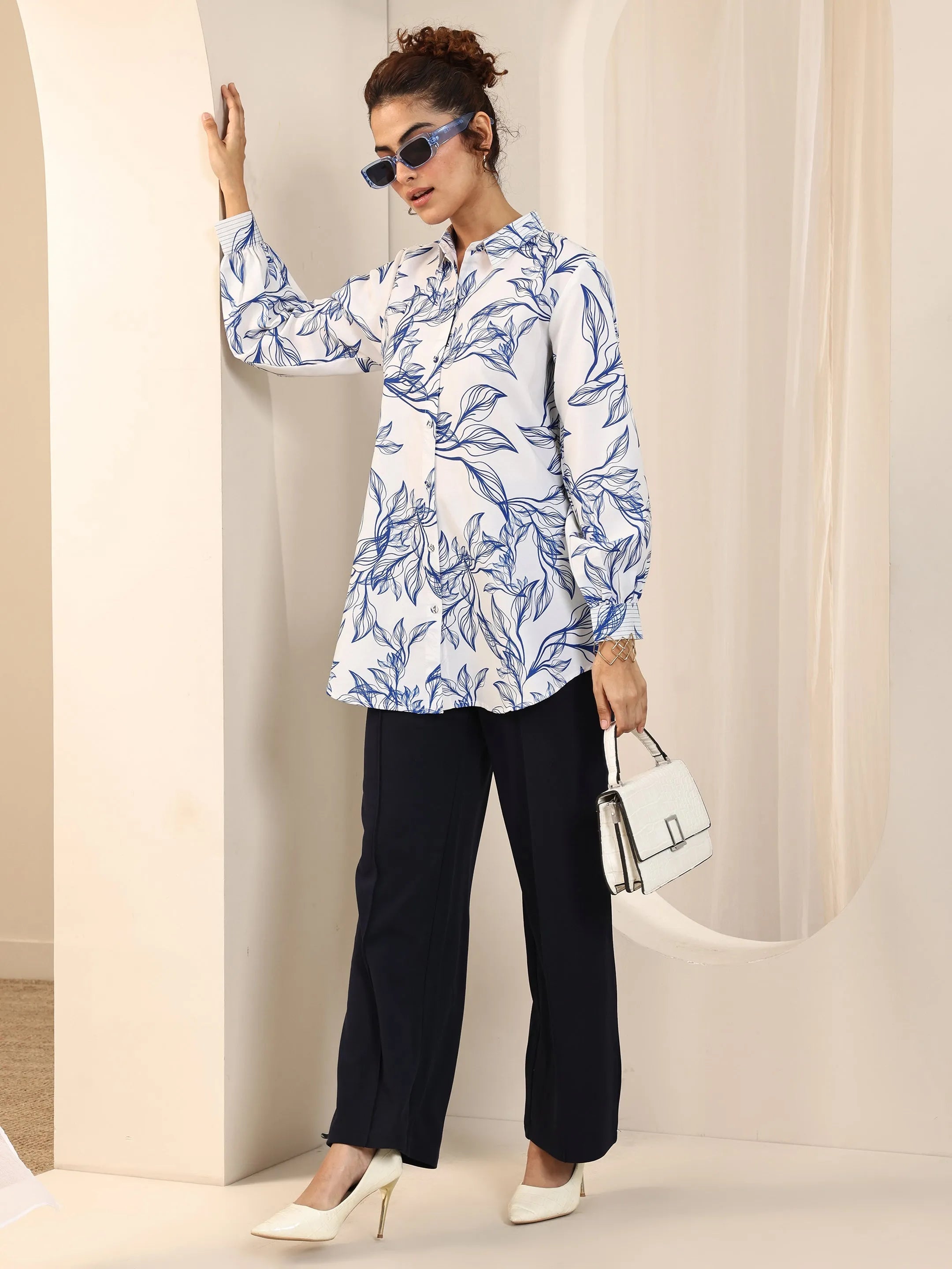 Off White Printed Rayon Straight Tunic