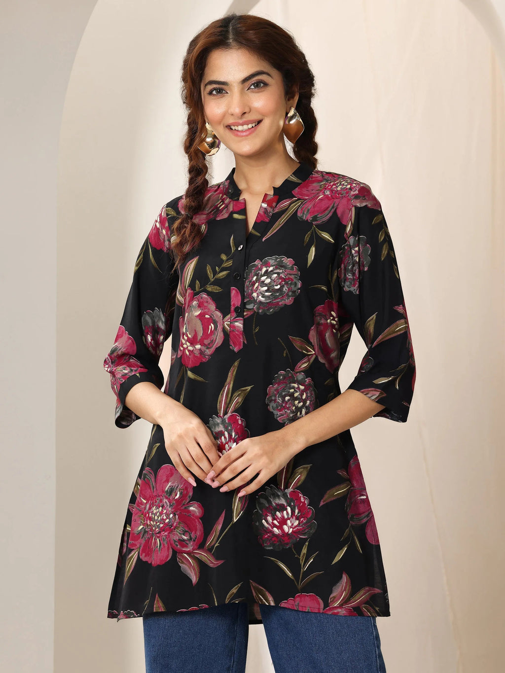 Black Printed Silk Blend Straight Short Kurti