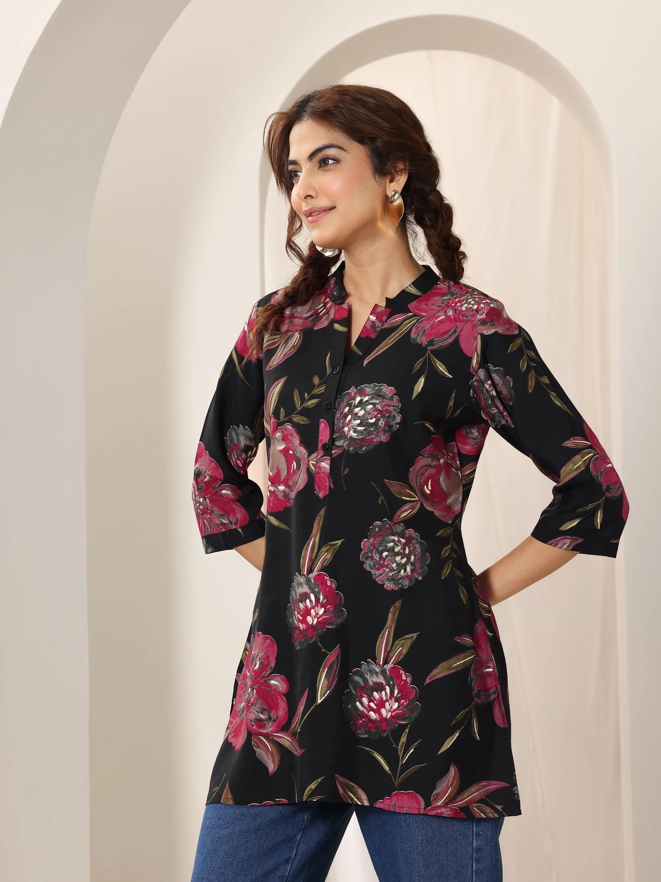 Black Printed Silk Blend Straight Short Kurti