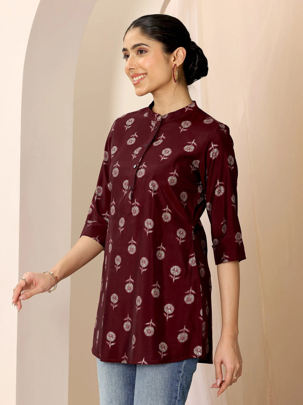 Maroon  Silk Blend Straight Short Kurti