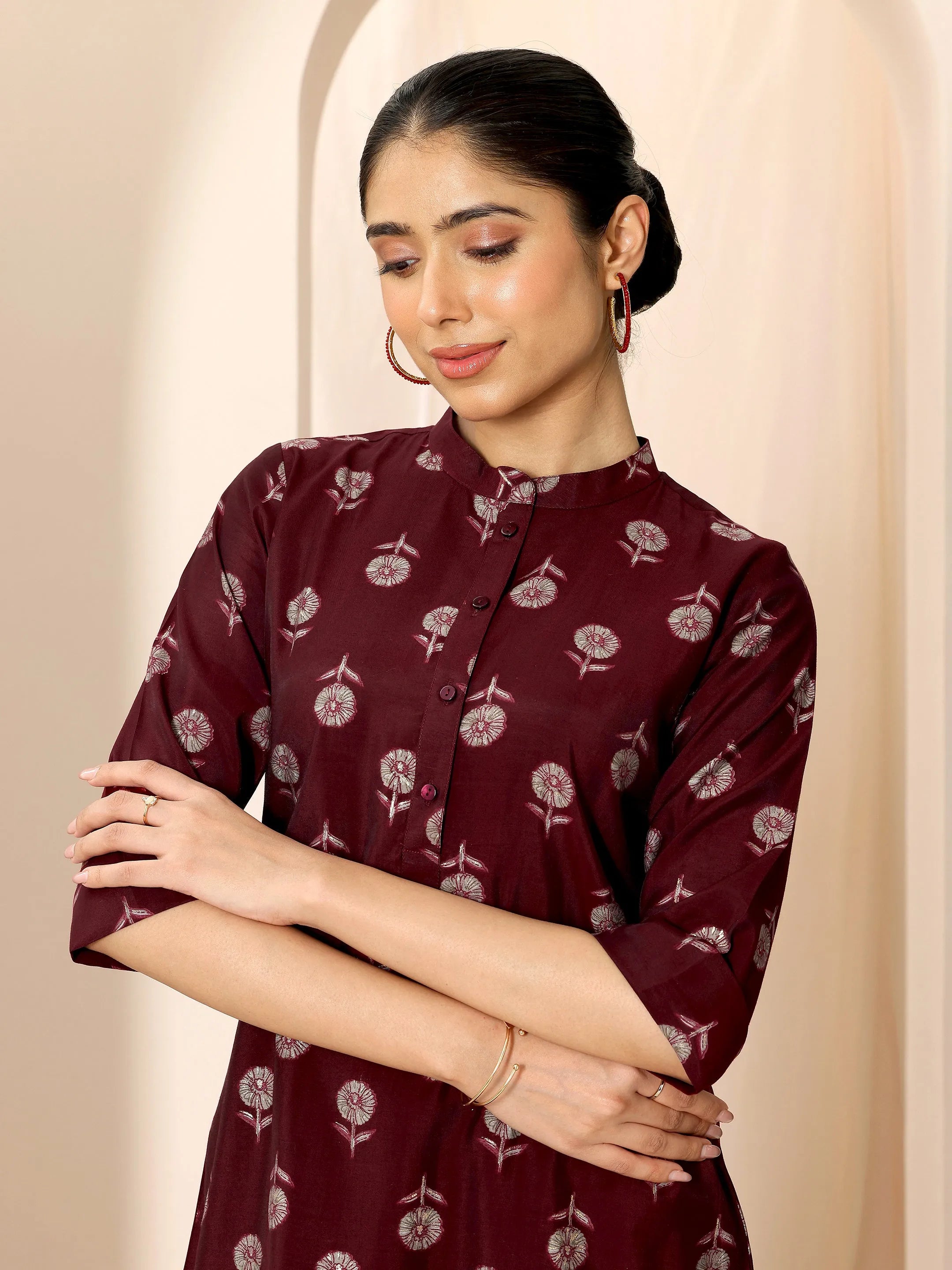 Maroon  Silk Blend Straight Short Kurti